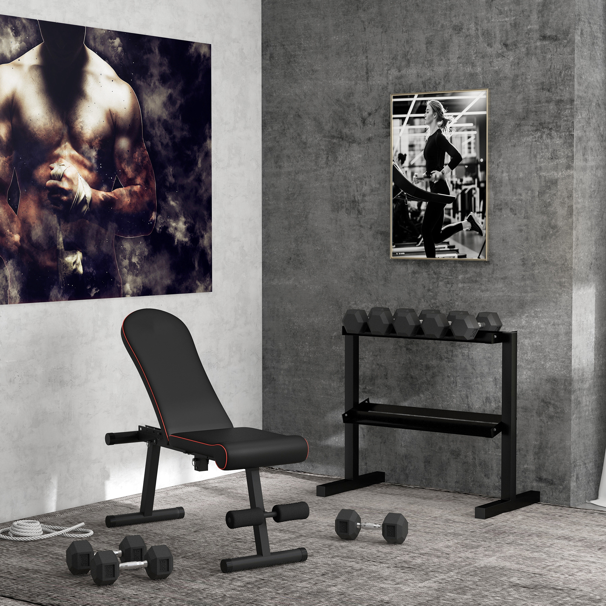 Gimnasio con banco de pesas, mancuernas y cuadros de atletas en la pared.