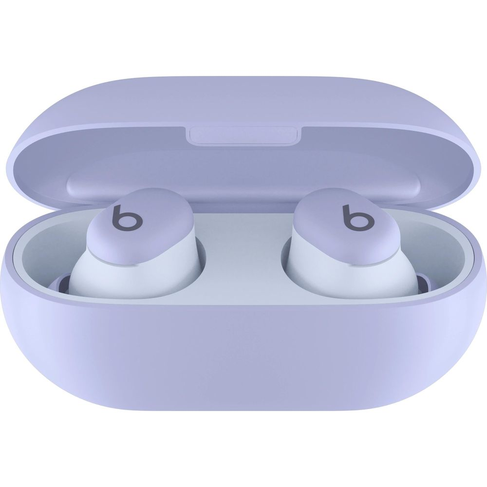 Jasnofioletowe etui ładujące z dwoma białymi słuchawkami z logo 'b'.