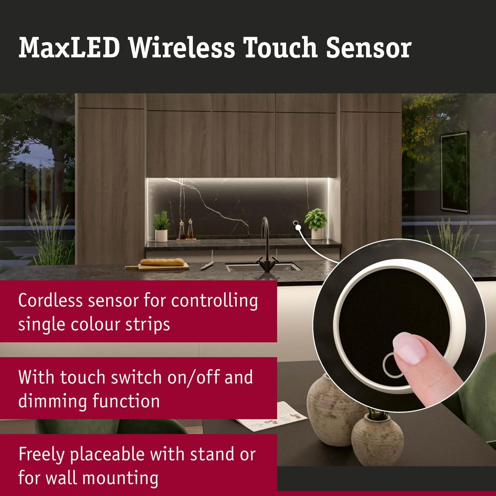 MaxLED kabelloser Touch-Sensor in einer Küche.
