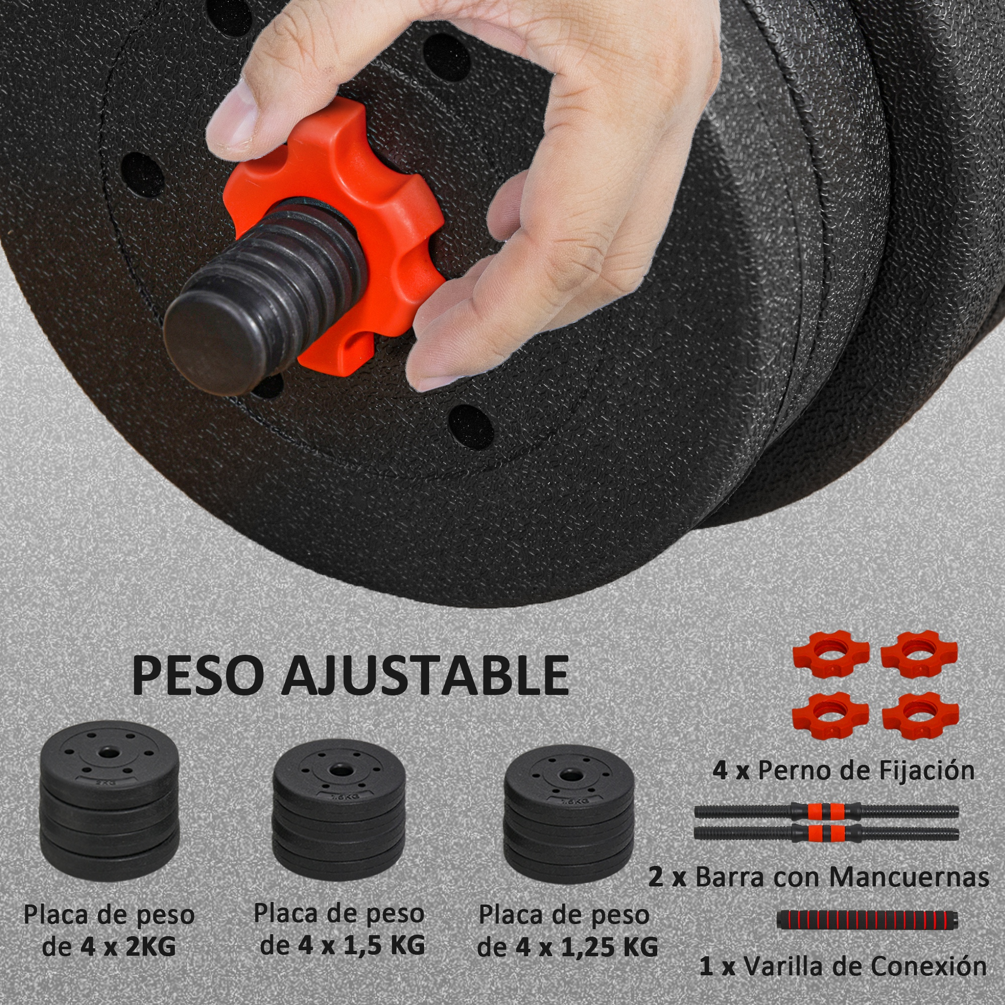Mano ajusta tornillo en discos de peso. Muestra pesas y accesorios.