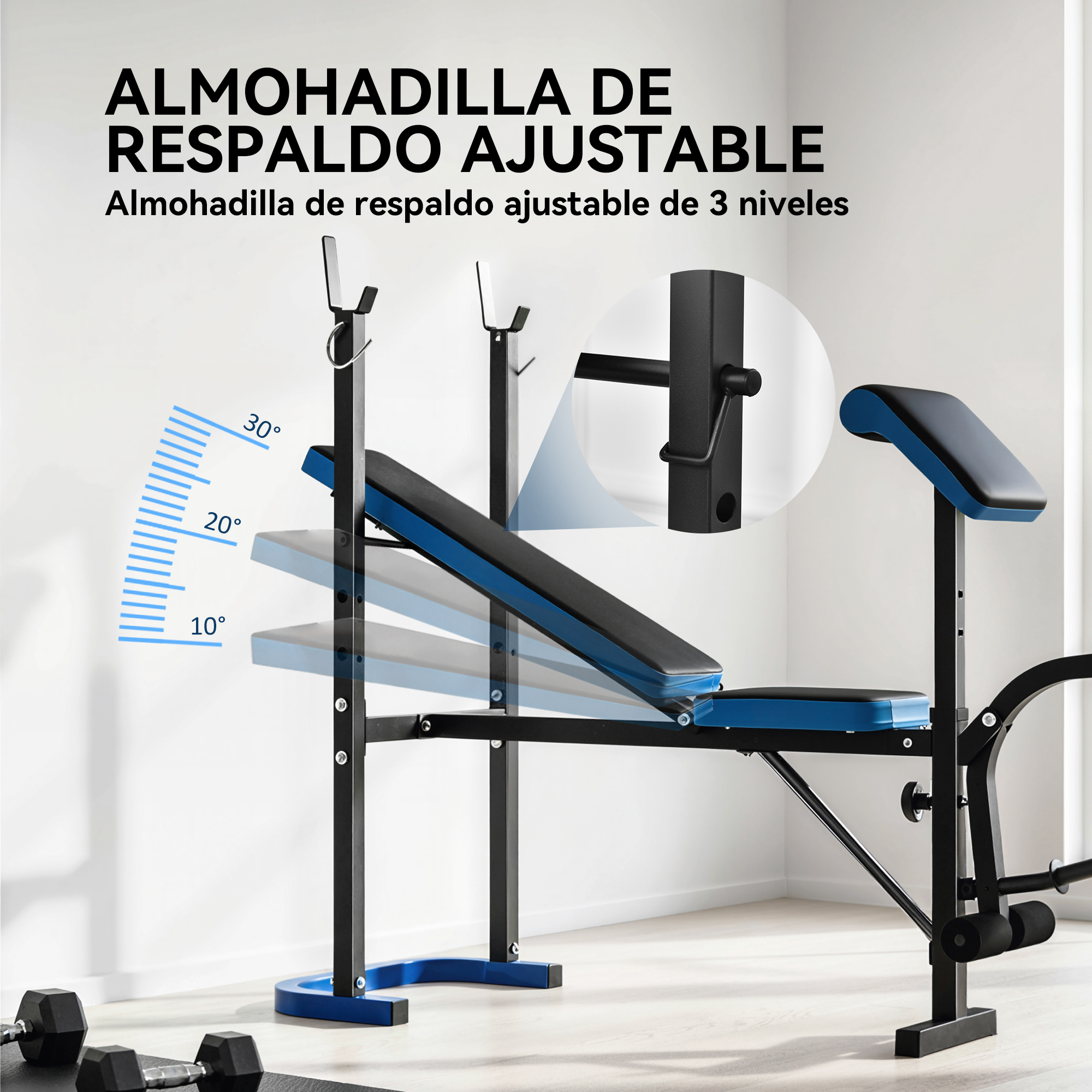 Banco de pesas ajustable con acolchado negro y azul, respaldo ajustable.