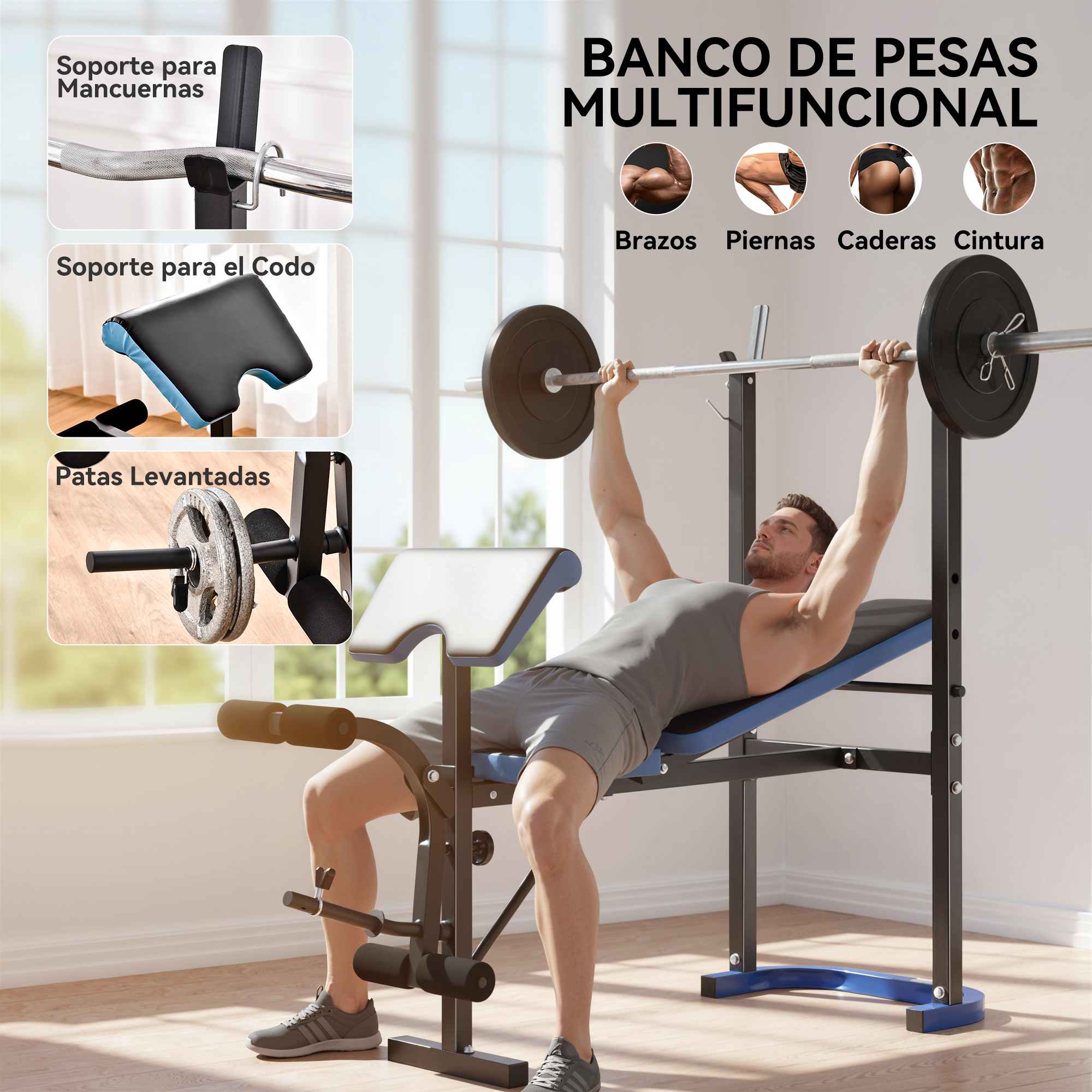 Hombre en banco de pesas levanta barra; partes accesorias destacadas.