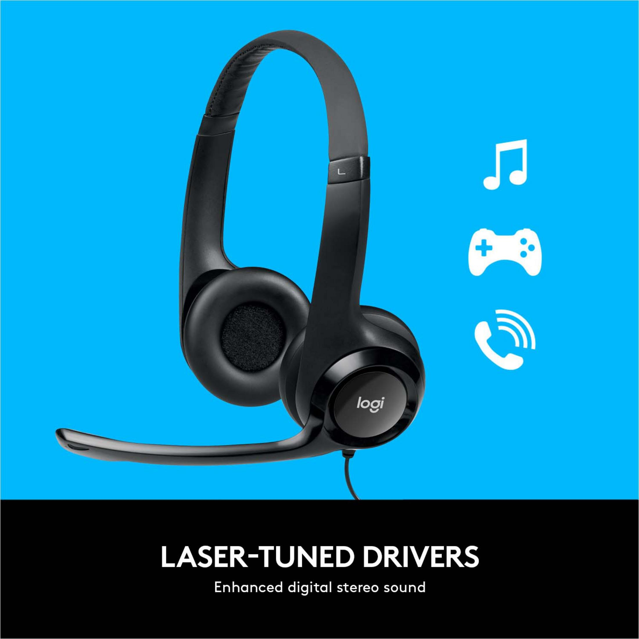 Cuffie Logitech nere con microfono su sfondo blu.