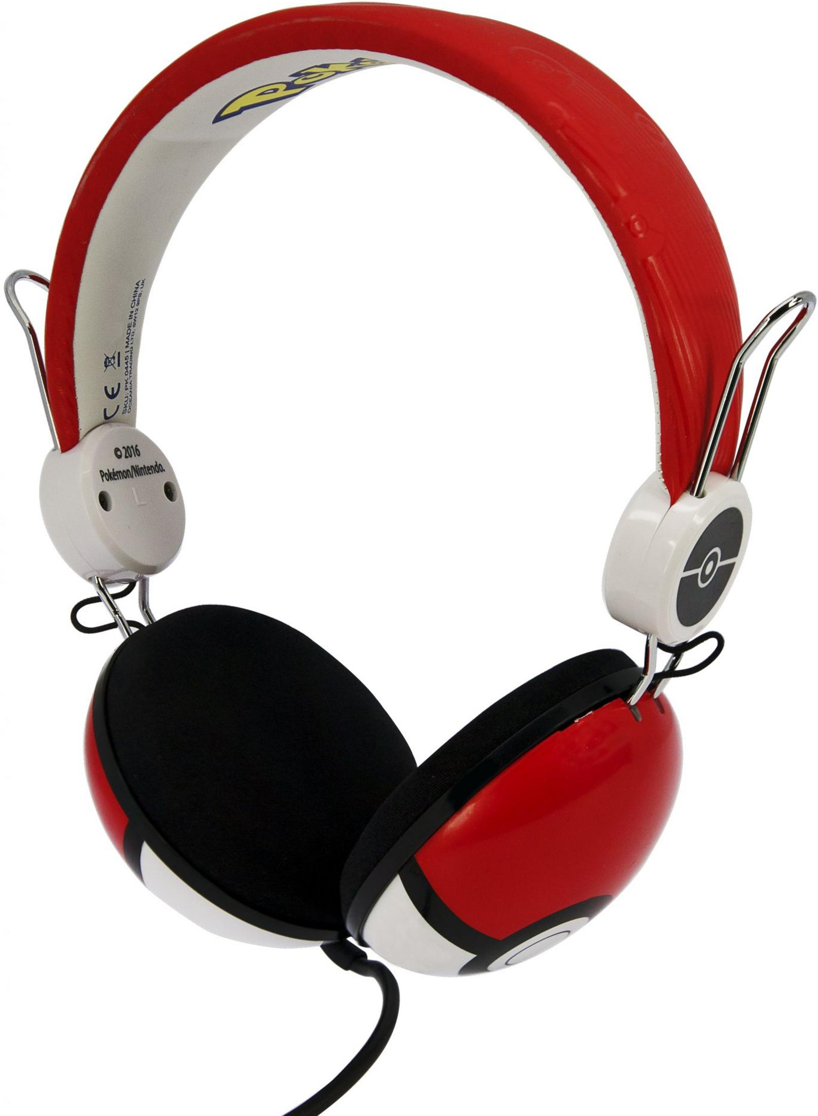 Rote und weiße Kopfhörer mit Pokeball-Design und schwarzen Ohrpolstern.