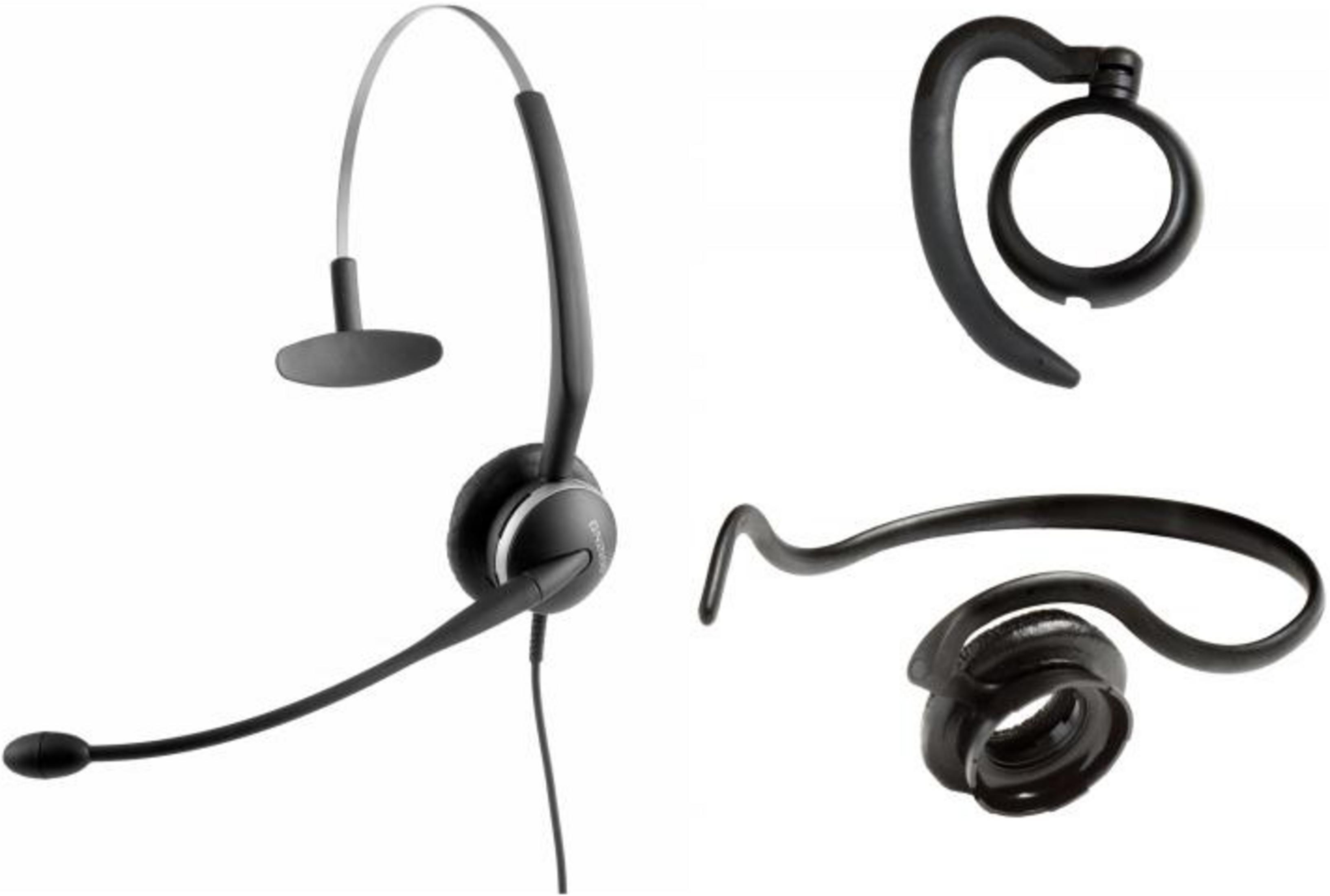 Een zwarte headset met microfoon en aparte oorhaken op een witte achtergrond.