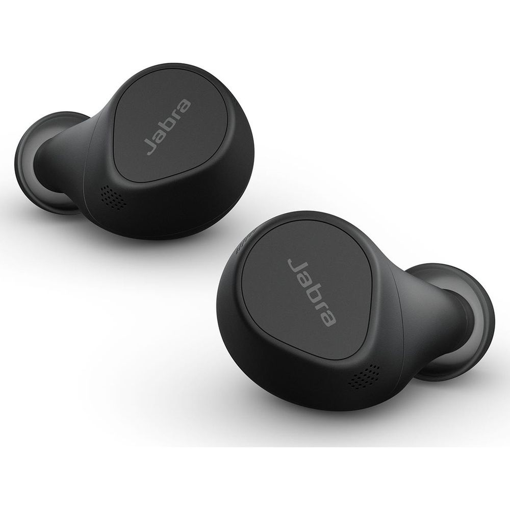 Dwa czarne słuchawki Jabra leżą obok siebie na białym tle.