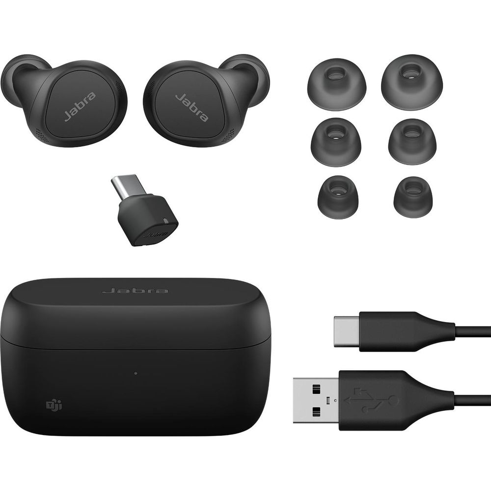 Czarne słuchawki Jabra, etui ładujące, kable USB-C i USB-A, zapasowe wkładki.