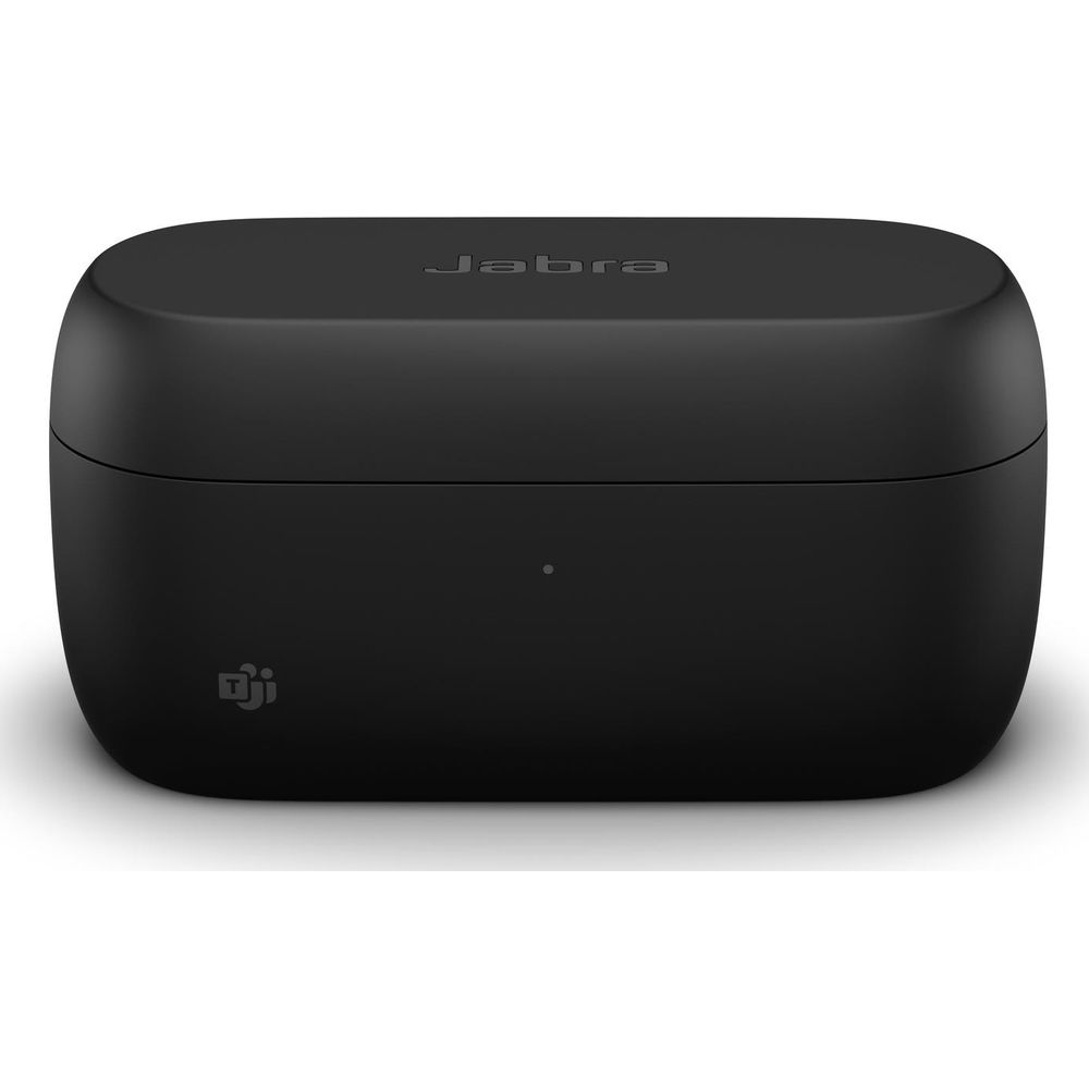 Czarne etui ładujące z logo Jabra i małą kropką.