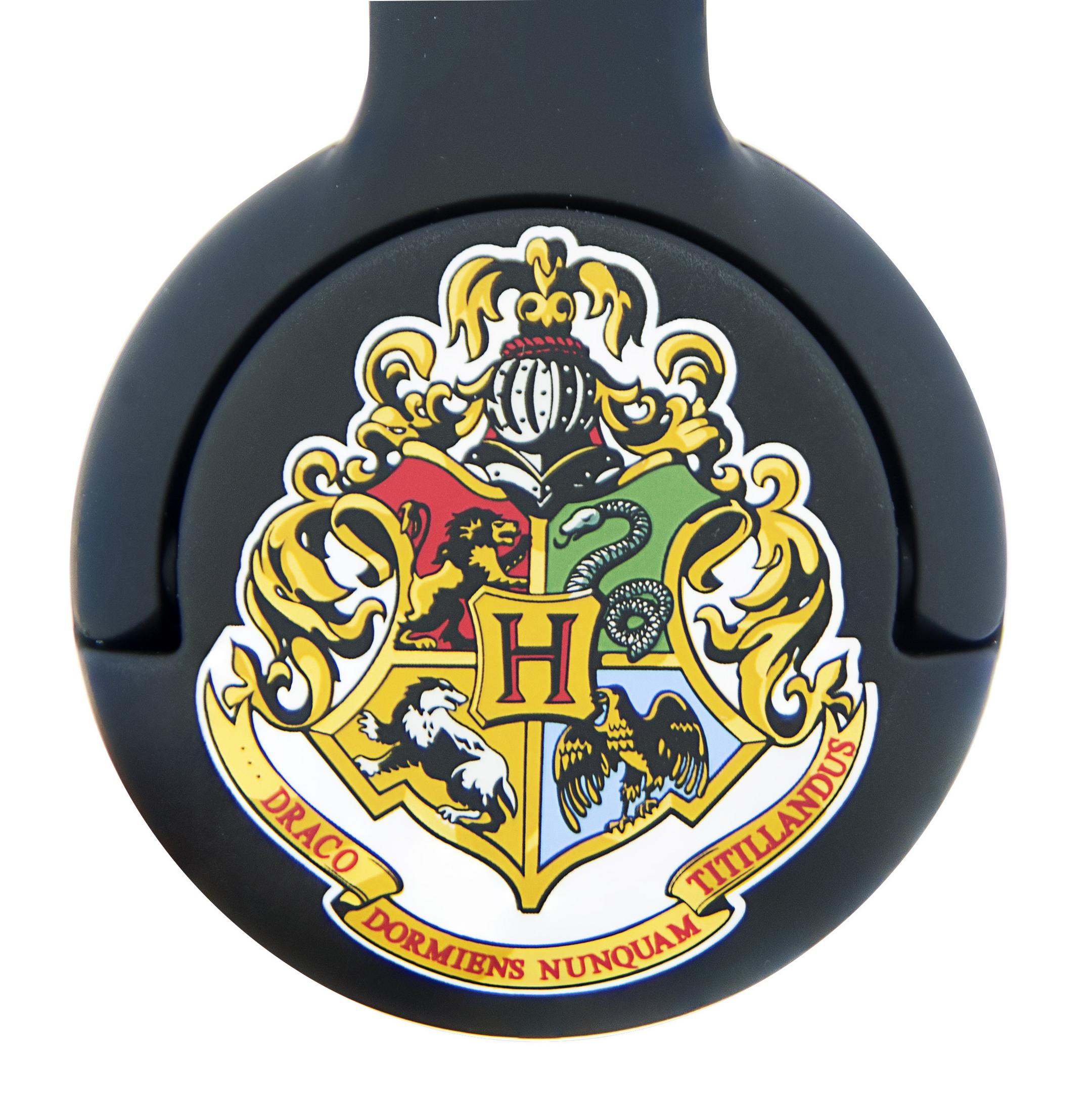 Schwarz mit Hogwarts-Wappen: Löwe, Schlange, Dachs, Adler.