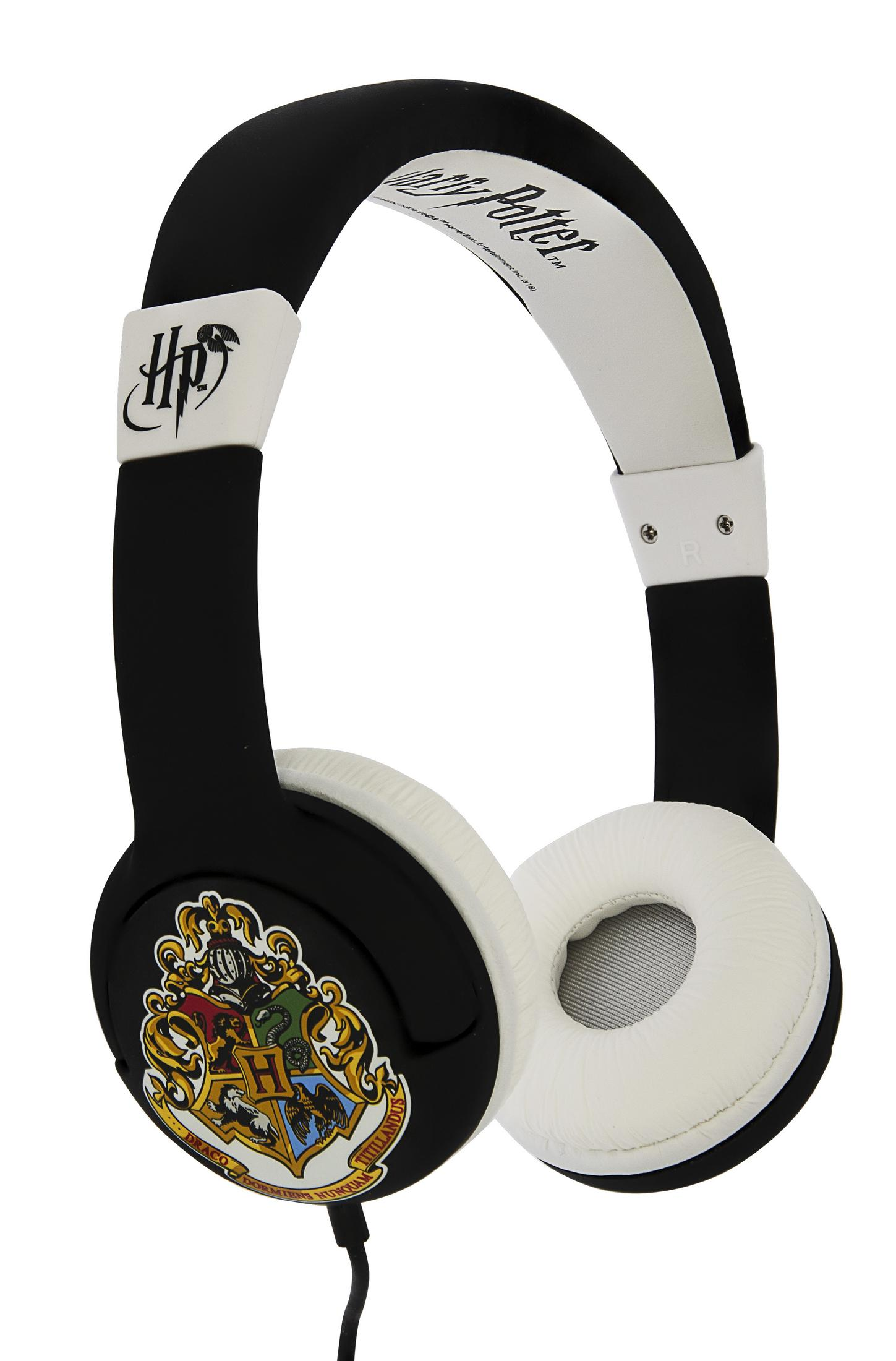 Schwarze Kopfhörer mit weißem Polster und Hogwarts-Wappen.