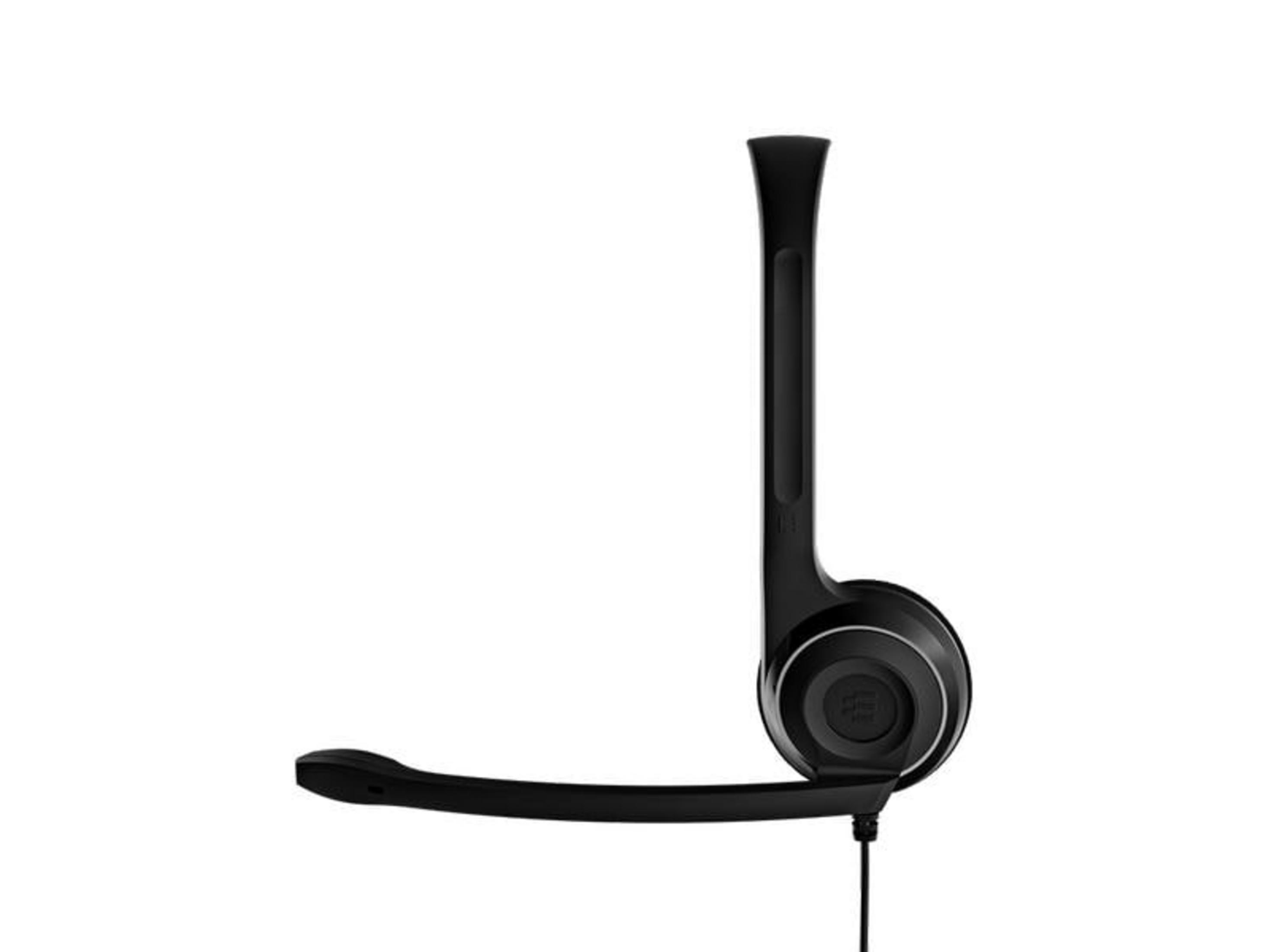Schwarzer Headset-Arm mit Mikrofon und Ohrbügel auf weißem Hintergrund.