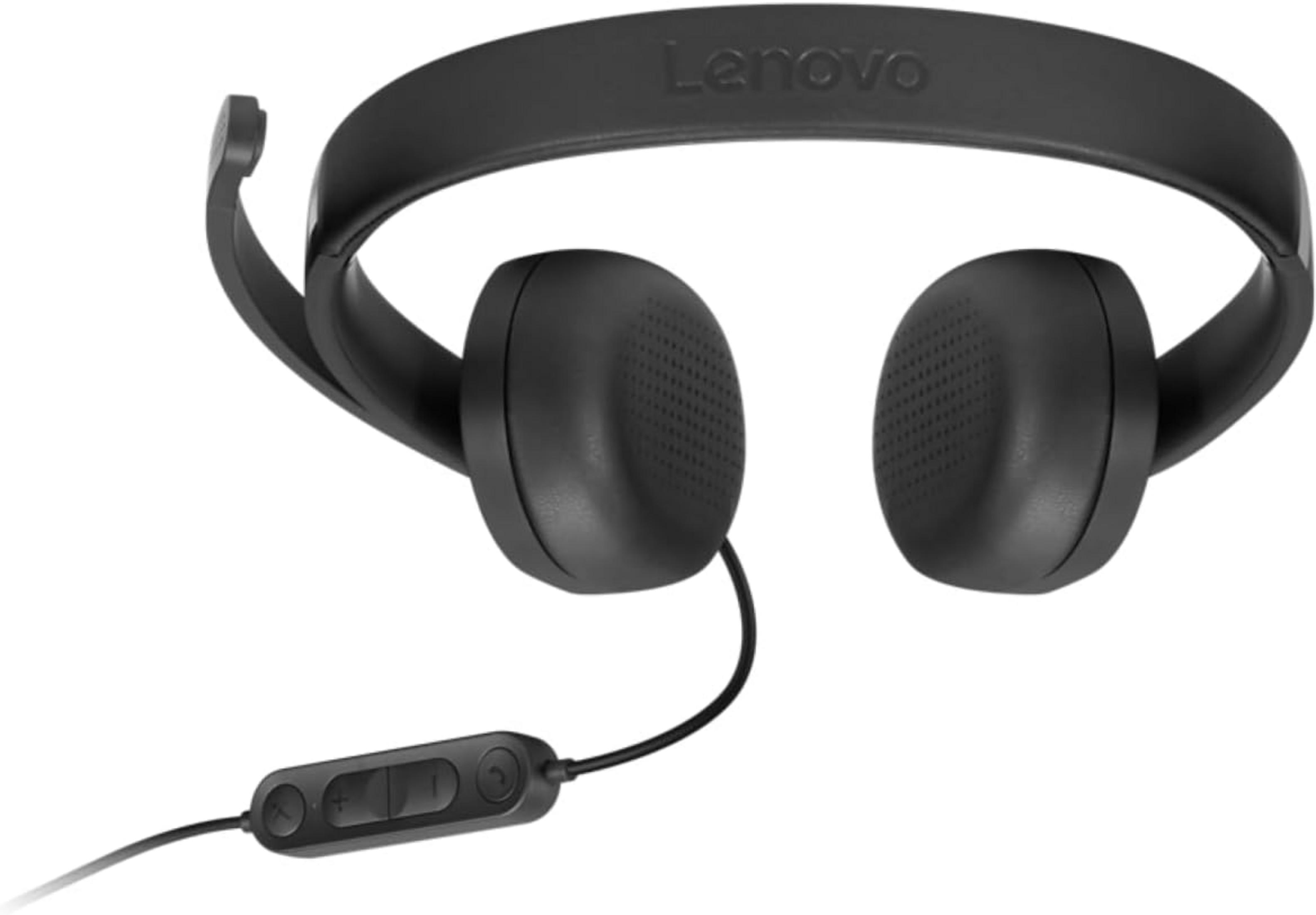 Black Lenovo headphones with microphone and inline controls on a white background.