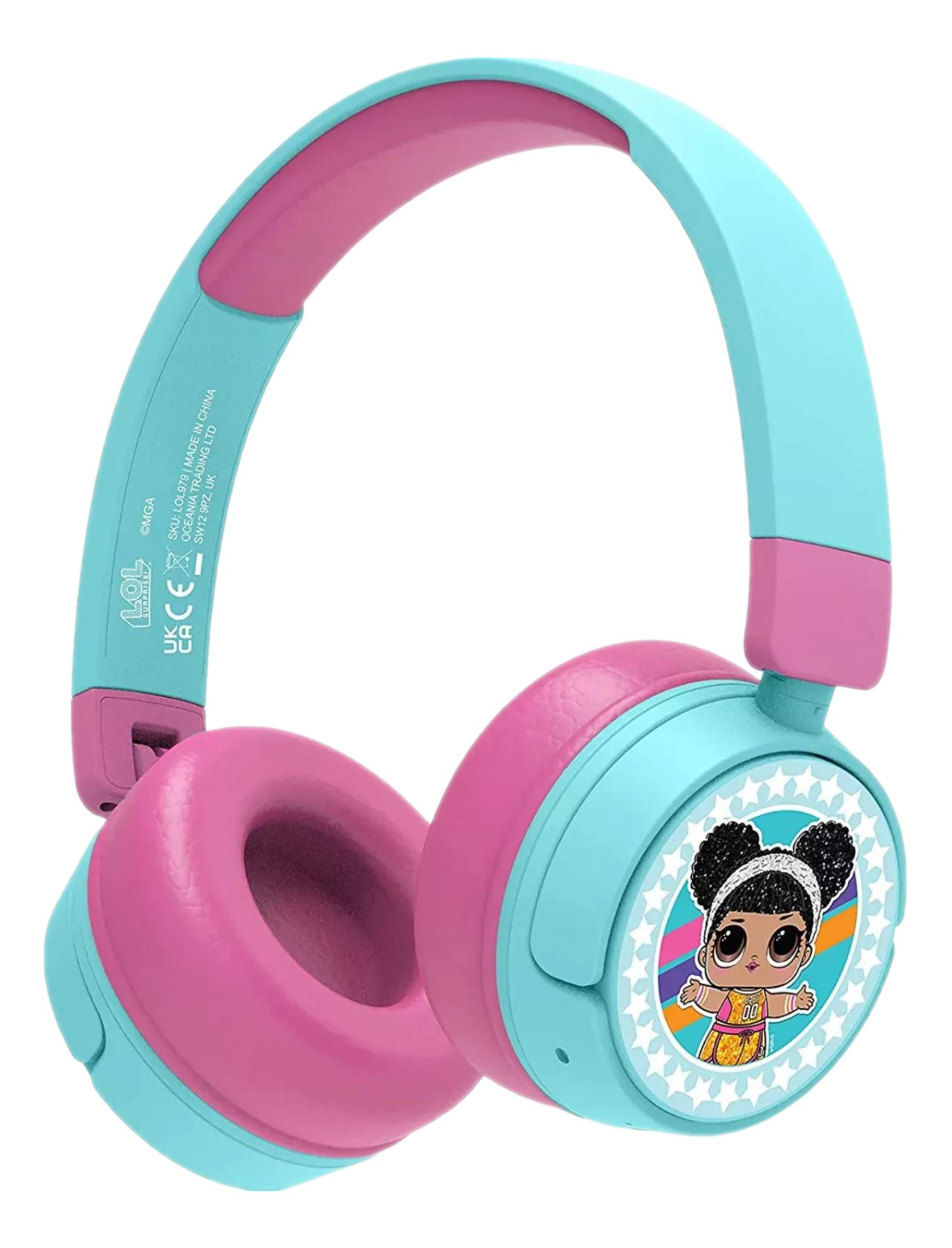 Turkusowo-różowe słuchawki z lalką LOL Surprise na nausznikach.