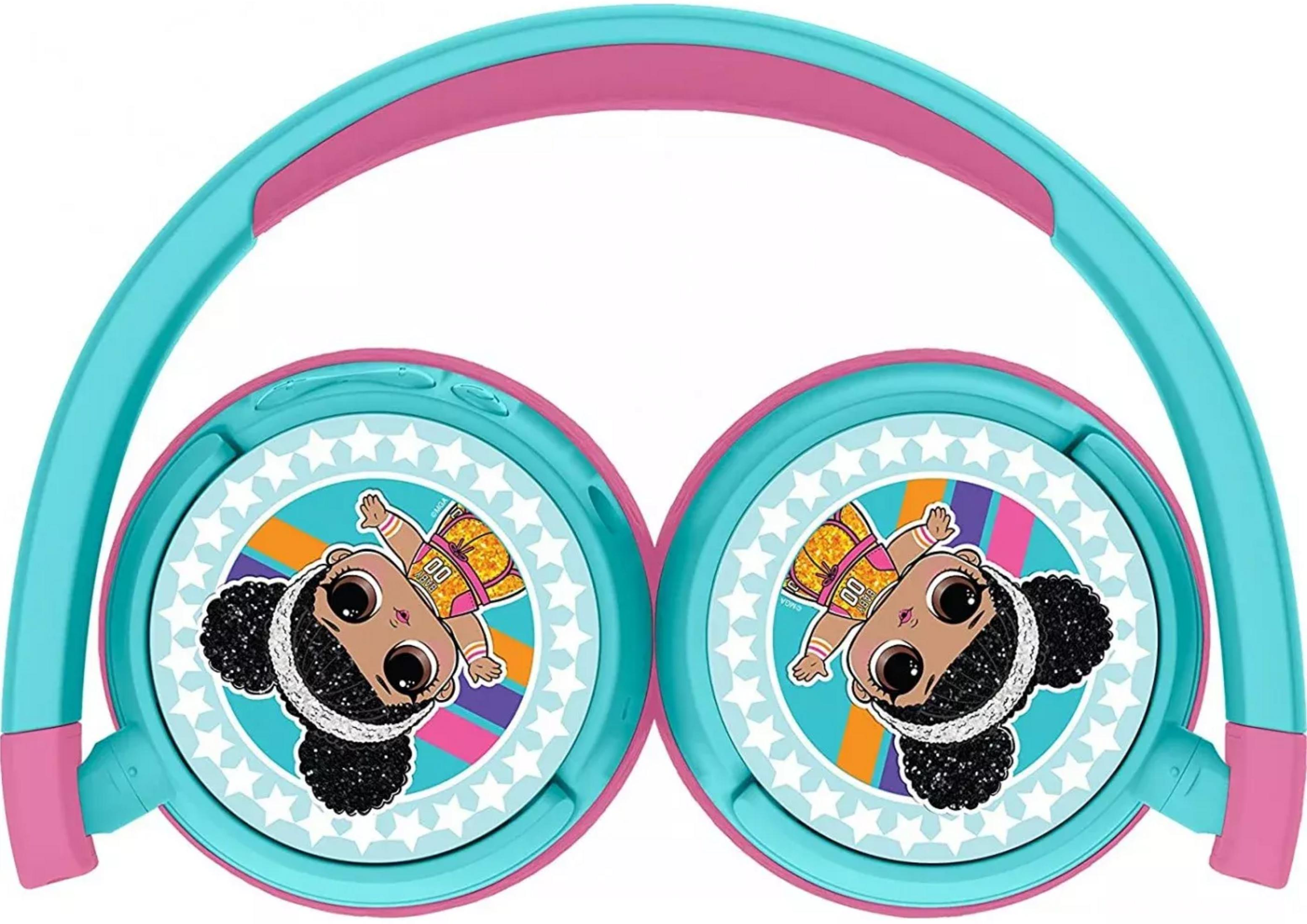 Turkusowe słuchawki z różowymi akcentami i motywem lalki LOL.