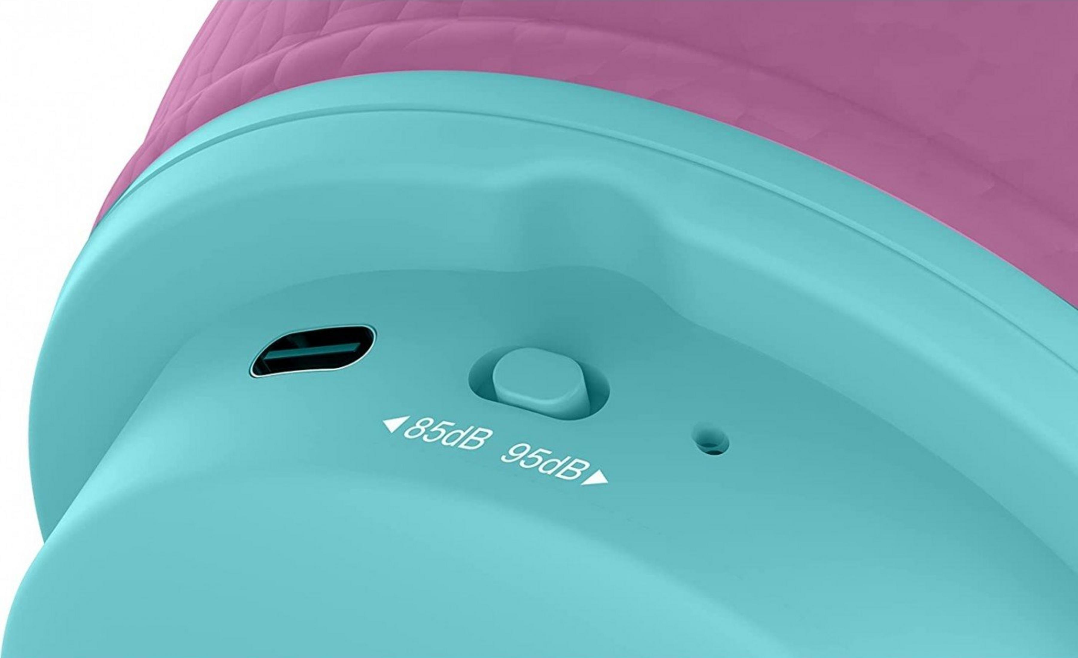 Turkusowa powierzchnia z różową wyściółką. Znaczniki 85 dB i 95 dB.