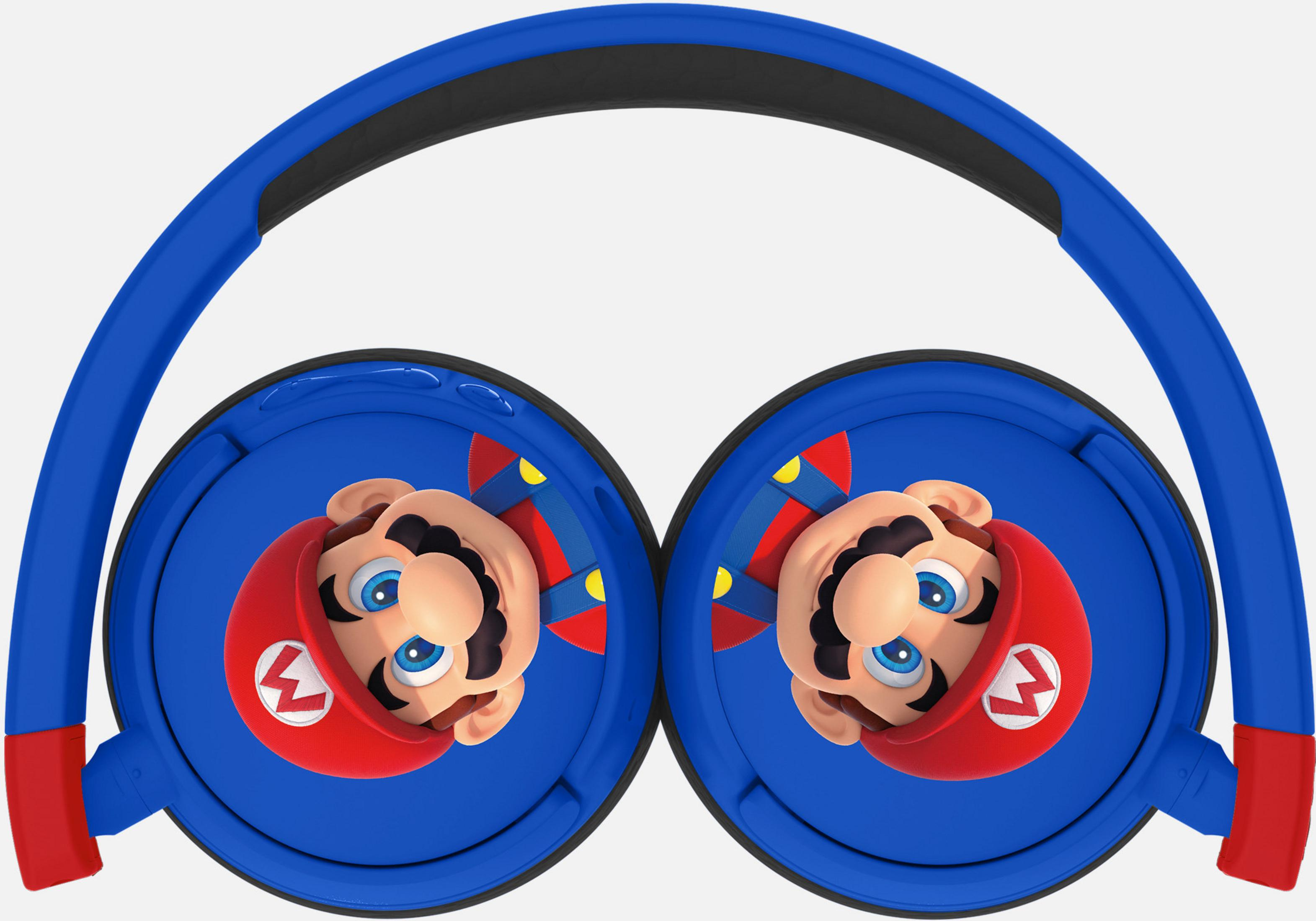 Niebieskie słuchawki z Mario, czerwone akcenty.