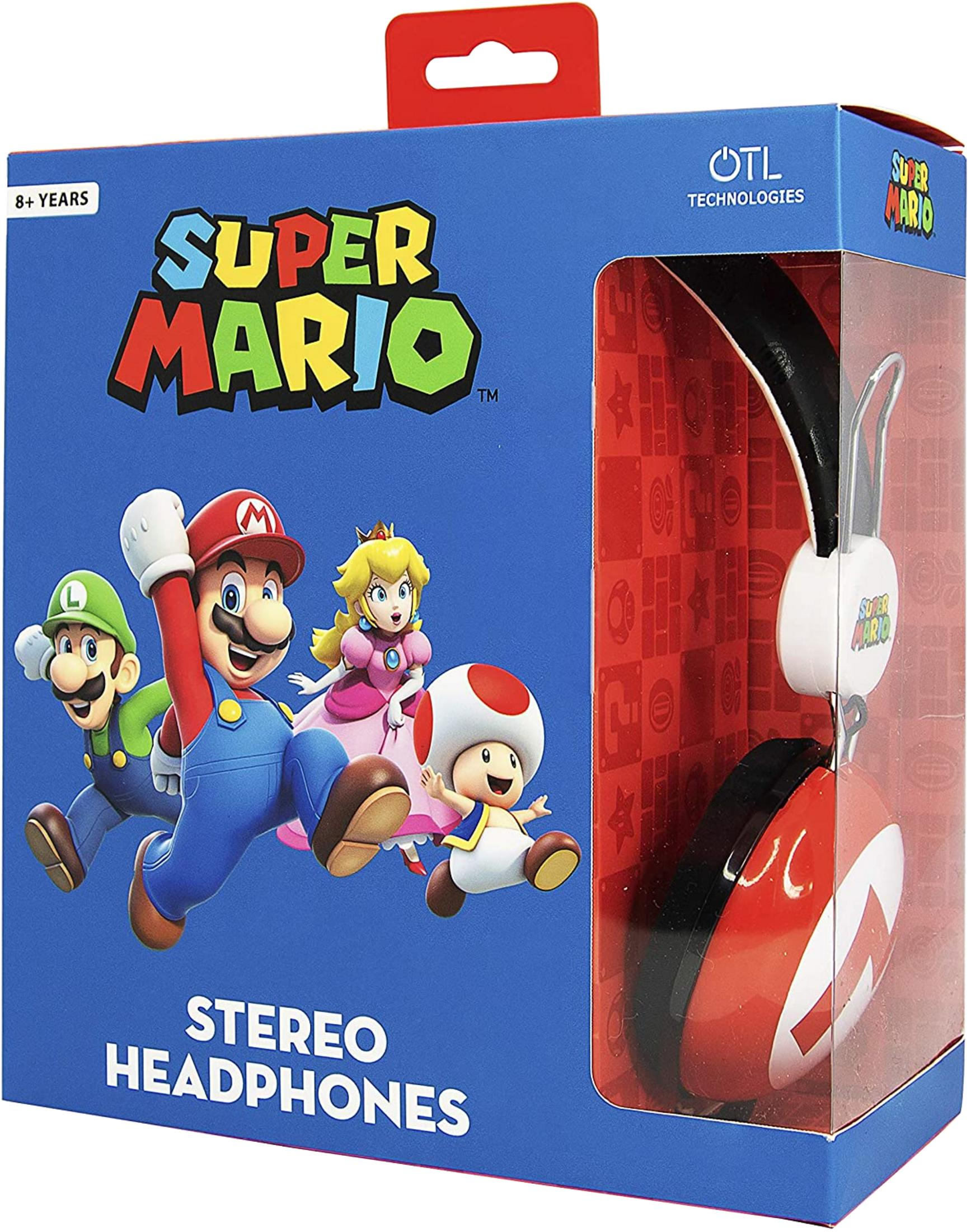Super Mario Stereo Kopfhörer auf blauer Verpackung mit Mario, Luigi, Peach und Toad.