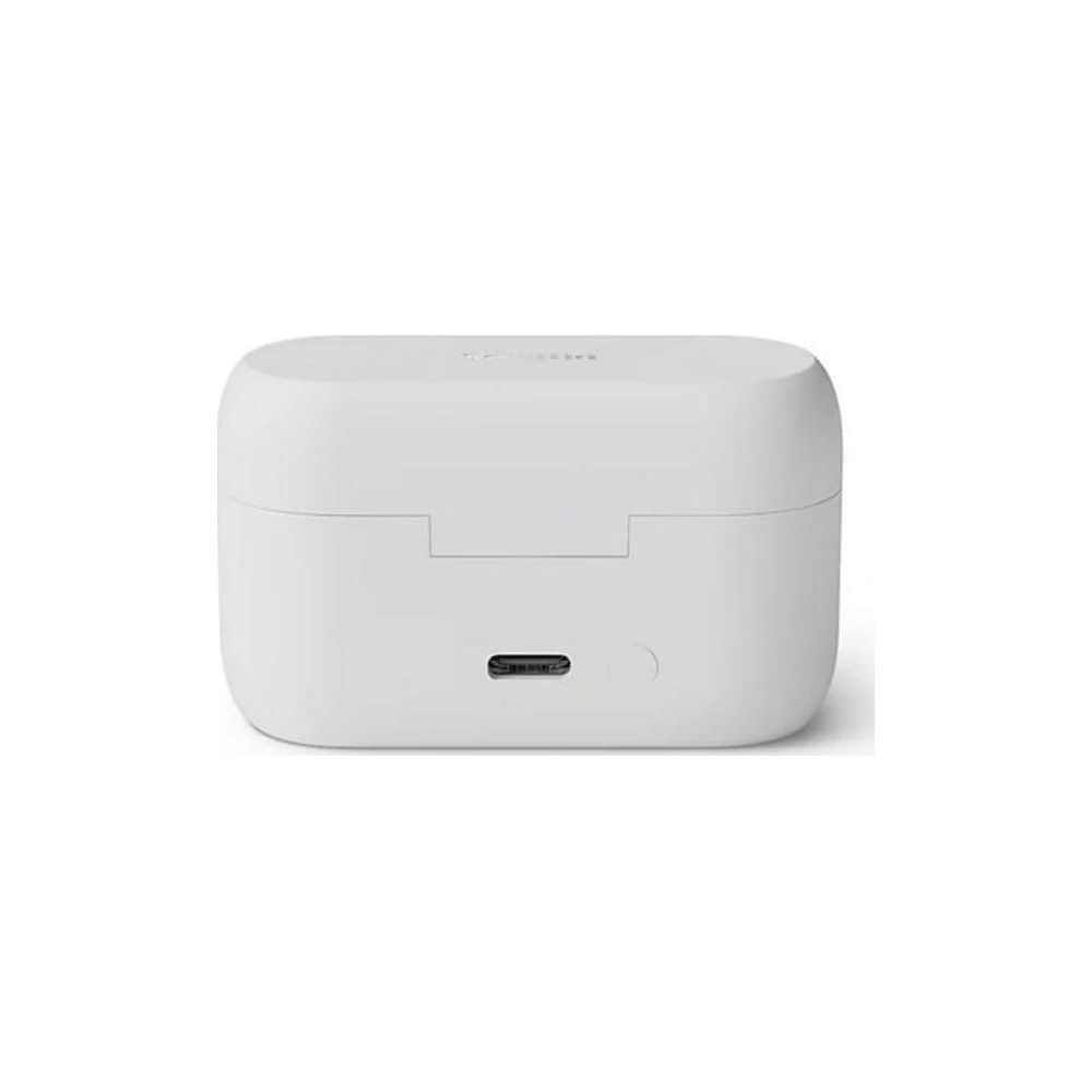 Weiße Ladehülle für Ohrhörer mit USB-C-Anschluss unten.