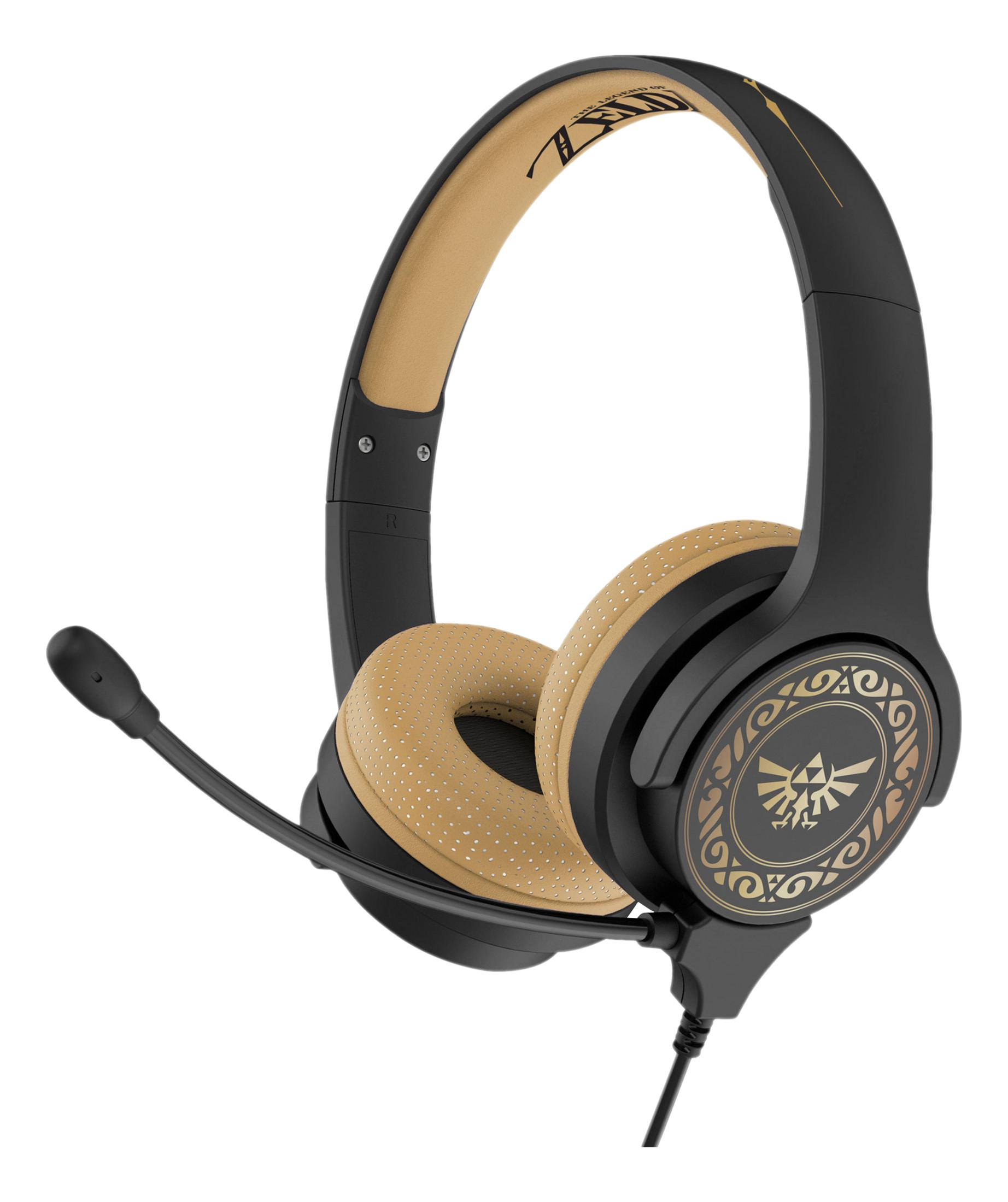 Czarne słuchawki z beżowymi nausznikami i złotym symbolem Triforce.