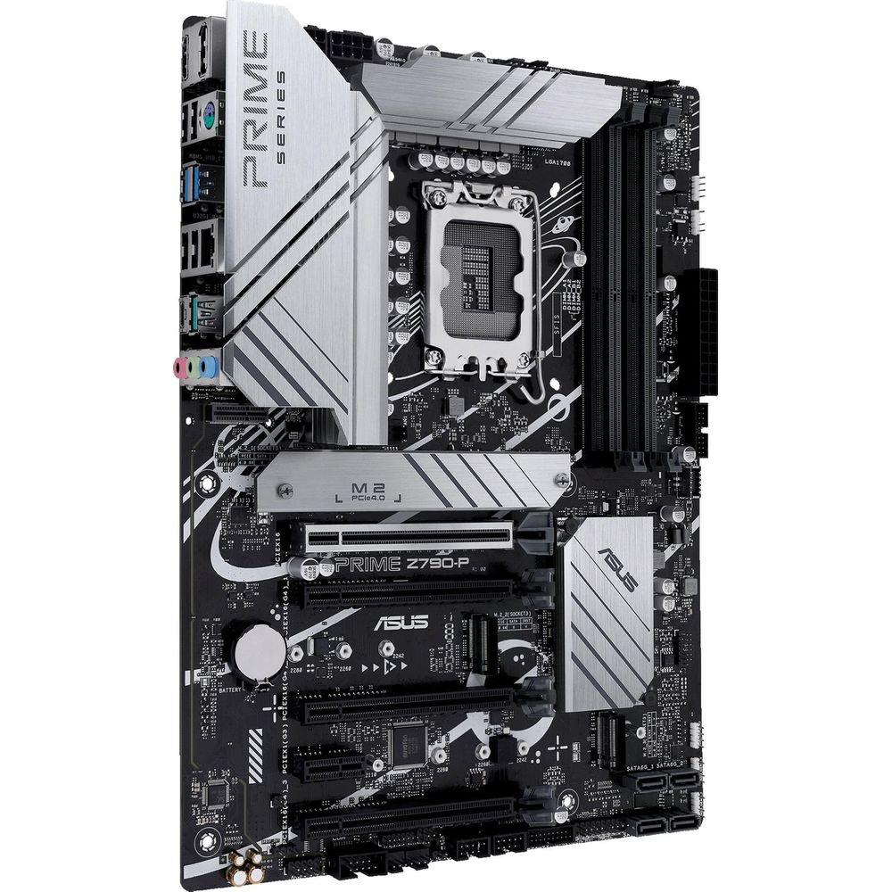 Płyta główna ASUS PRIME Z790-P z srebrnymi radiatorami i czarnym PCB. Gniazdo LGA1700.