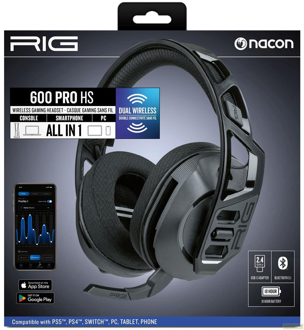 Czarne słuchawki RIG 600 PRO HS z logo Nacon i funkcją Dual Wireless.