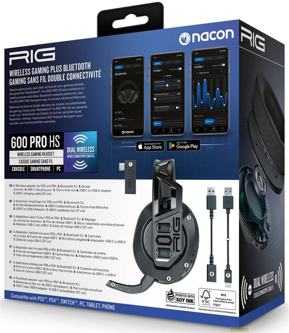 Opakowanie zestawu słuchawkowego RIG 600 PRO HS z zestawem słuchawkowym, akcesoriami i ekranami telefonu.