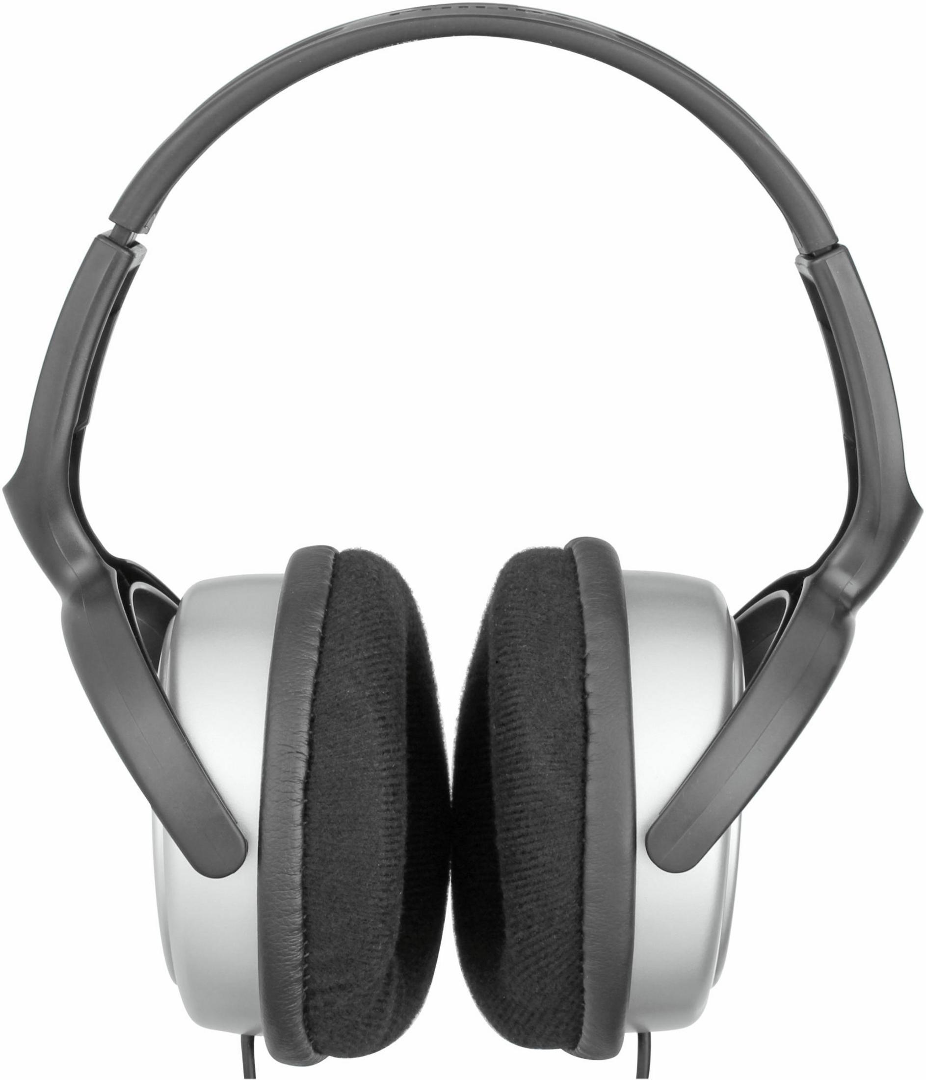 Auriculares grises con copas plateadas y acolchado negro.
