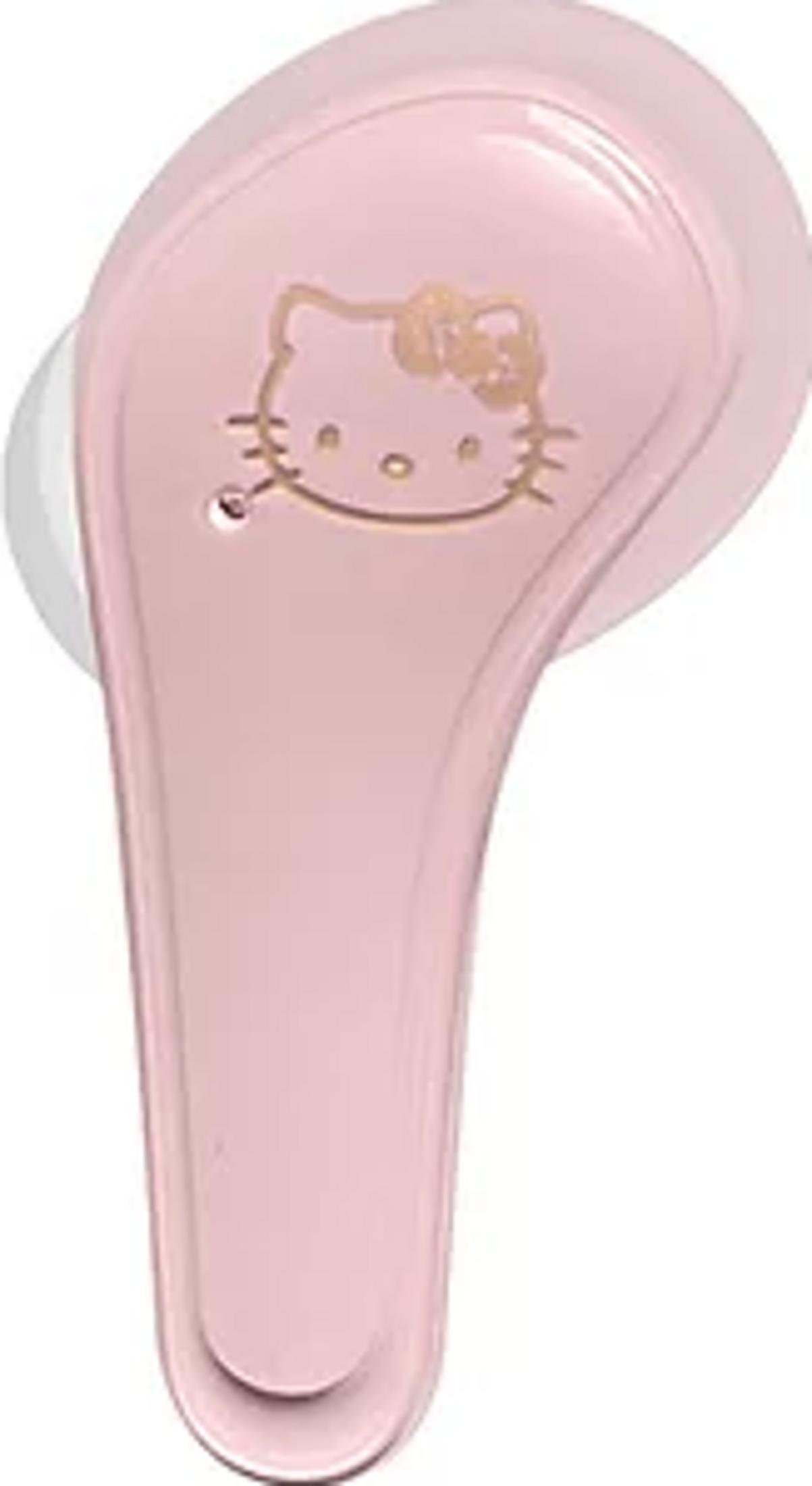 Różowy pączek słuchawki z nadrukiem Hello Kitty i białym elementem.