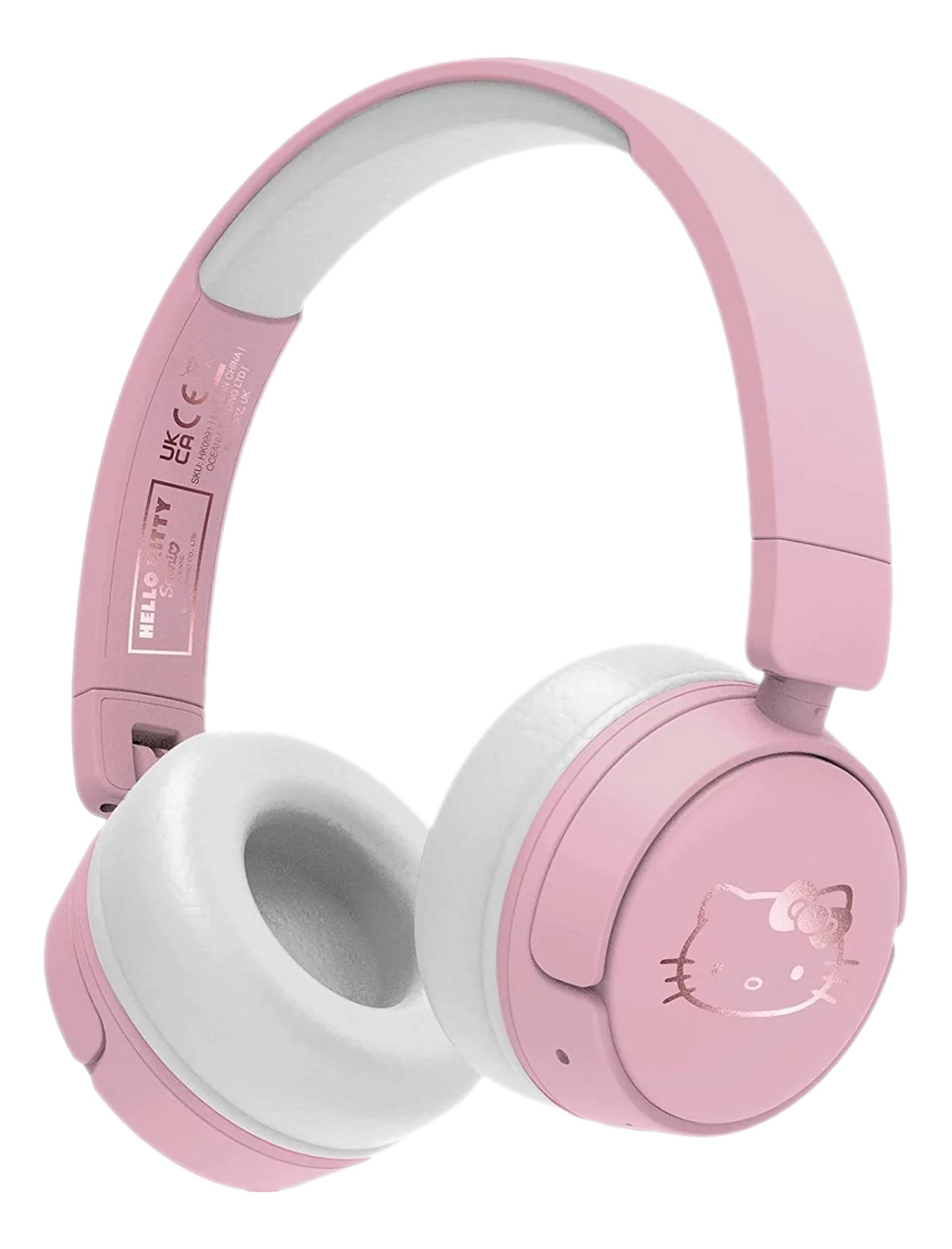 Różowe słuchawki z motywem Hello Kitty i białymi nausznikami, na białym tle.