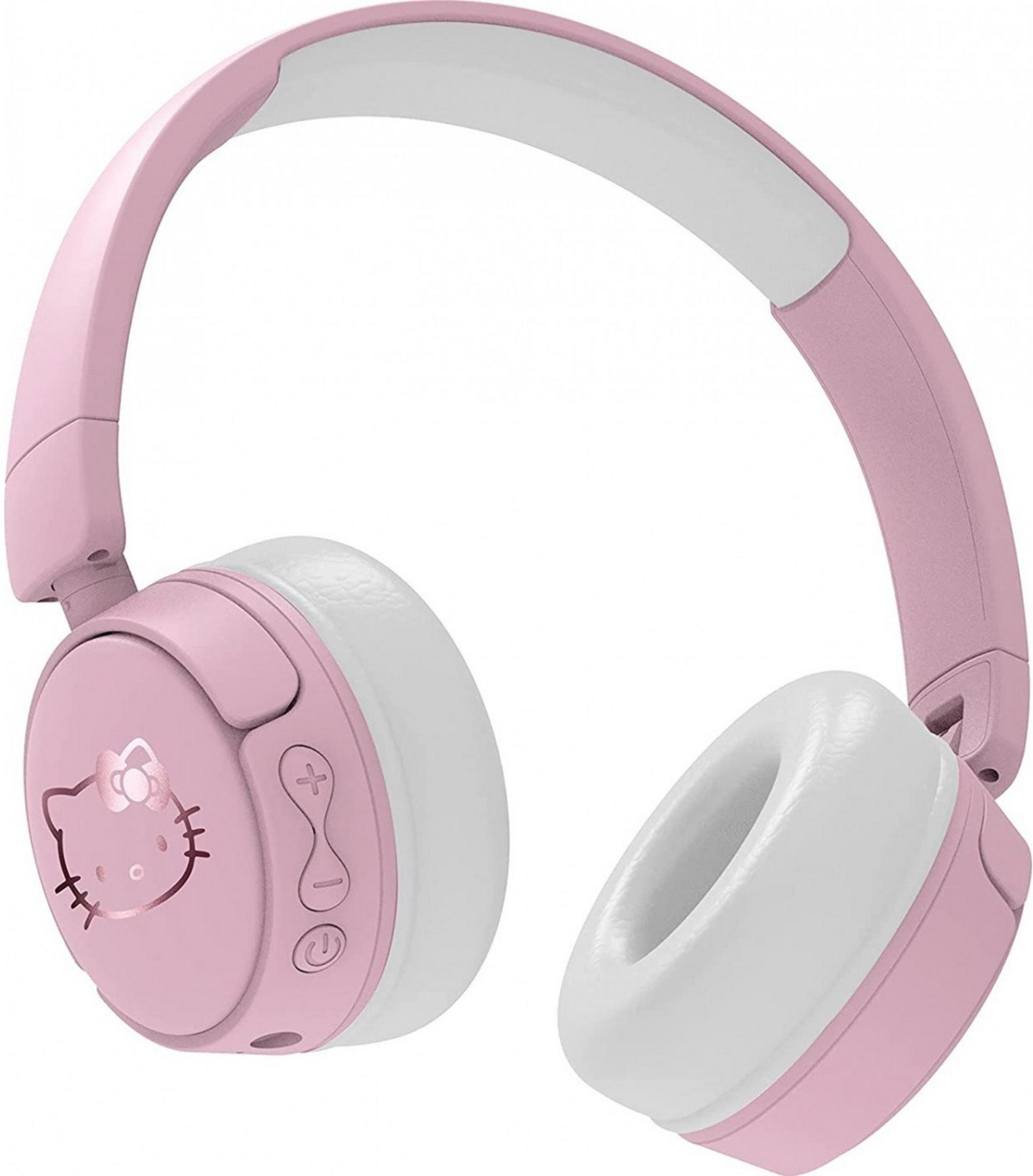 Różowo-białe słuchawki Hello Kitty z nausznikami i pałąkiem.