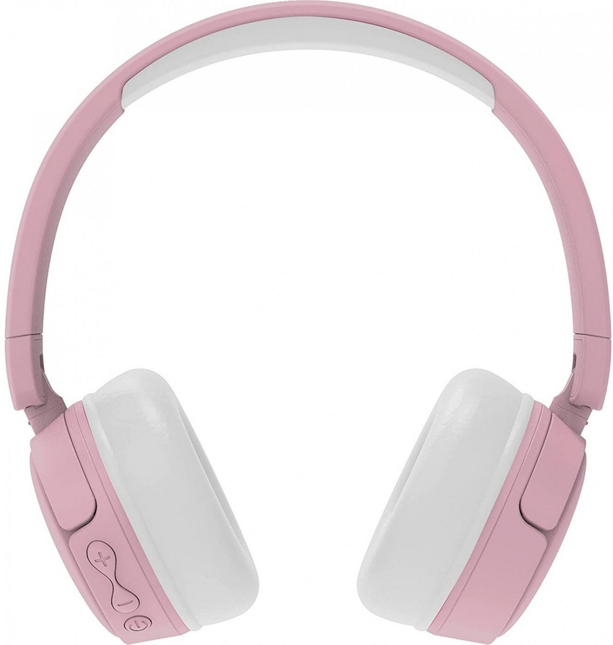 Zbliżenie na różowo-białe słuchawki z przyciskami sterowania.