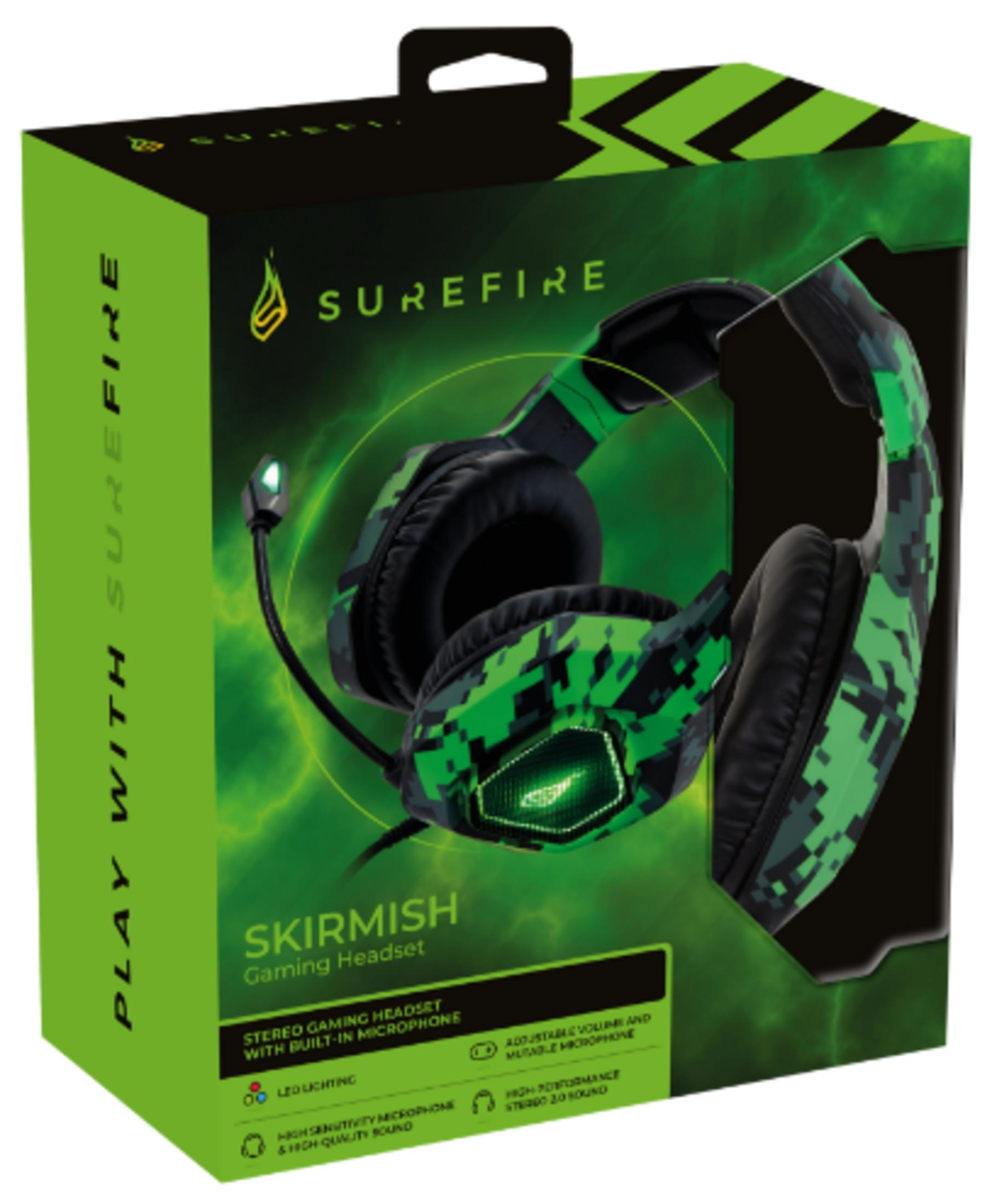 Packaging of a green Surefire Skirmish gaming headset with microphone.