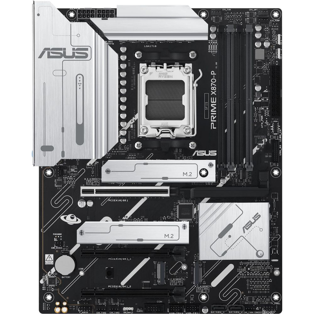 Płyta główna ASUS PRIME X870-P z gniazdem AMD Ryzen, slotami M.2 i slotami PCIe.
