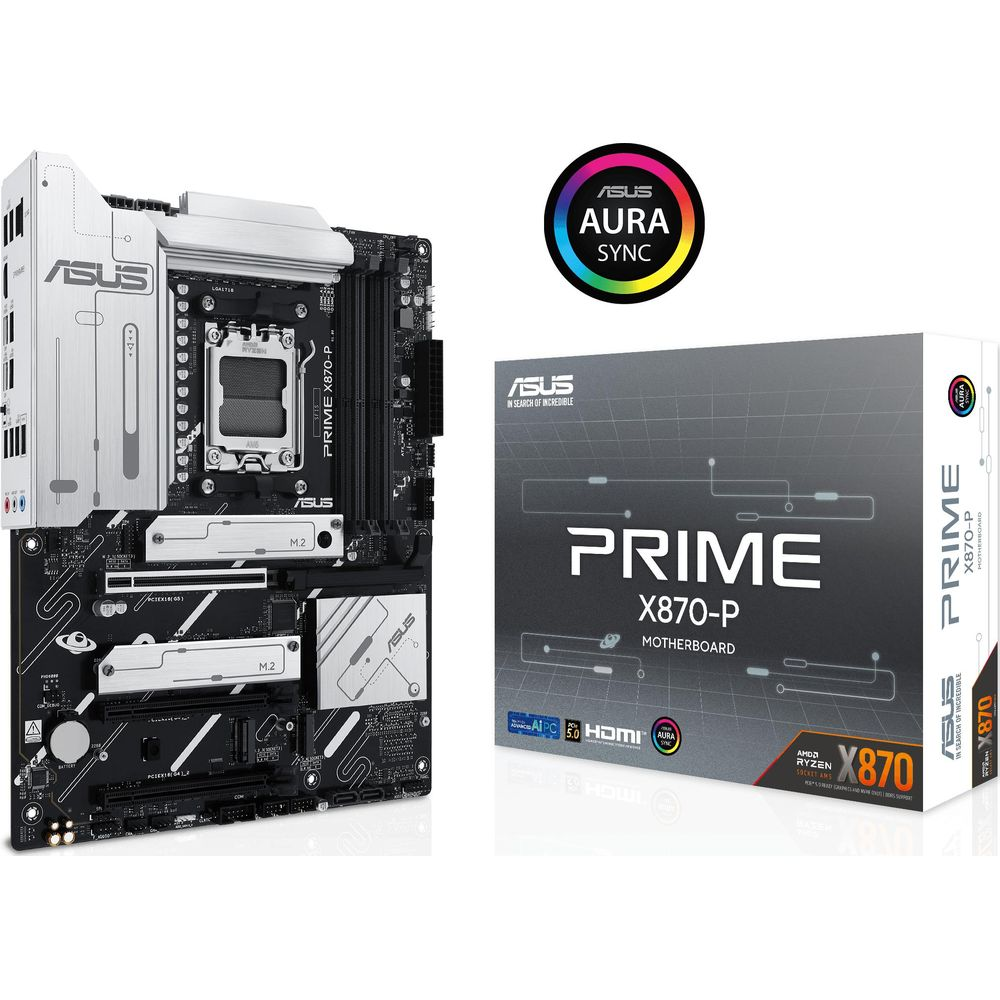 Płyta główna ASUS PRIME X870-P i pudełko z logo Aura Sync.