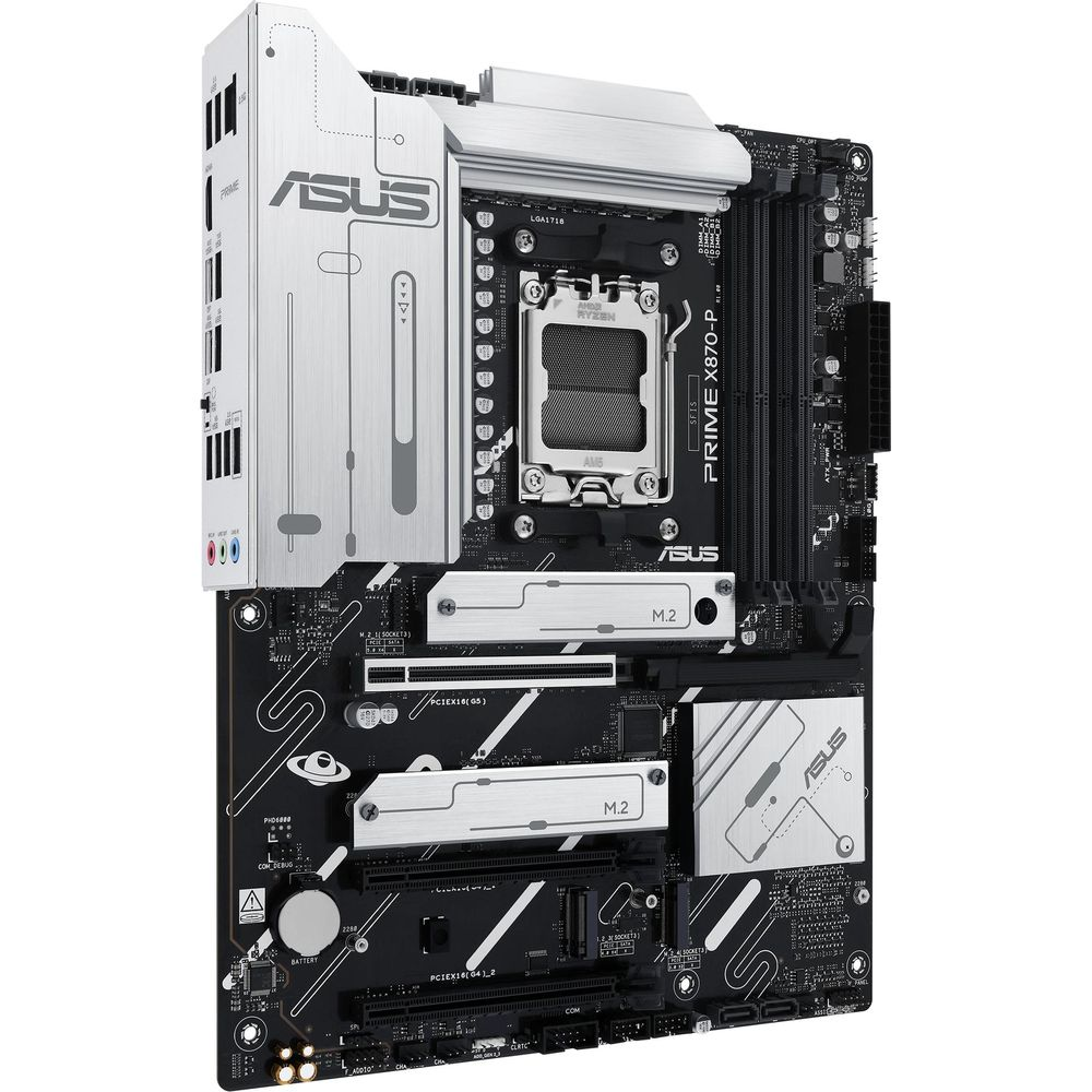 Płyta główna ASUS Prime X870-P z gniazdem CPU, slotami M.2 i portami.
