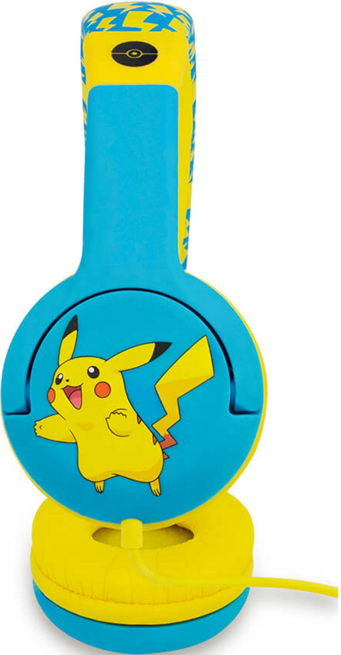 Blaue Kopfhörer mit Pikachu-Motiv und gelben Akzenten. Ein Kabel ragt heraus.