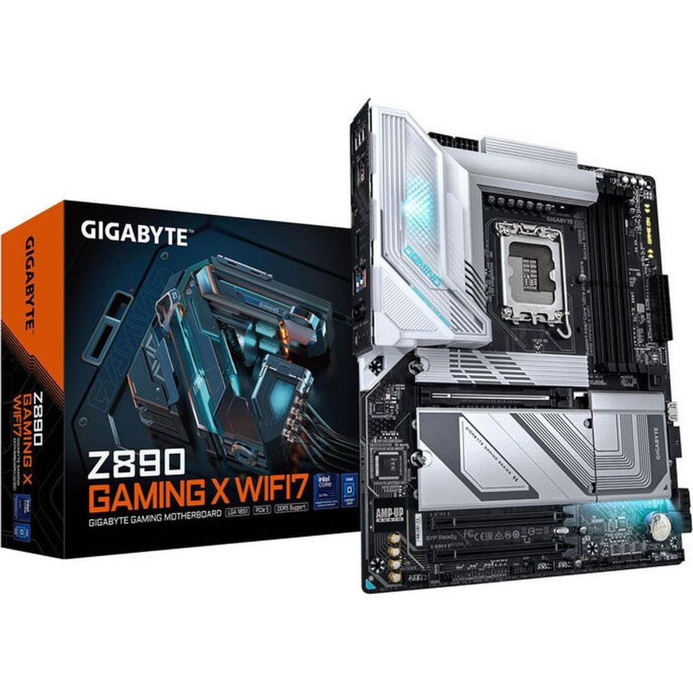 Płyta główna Gigabyte Z890 Gaming X WIFI 7 i pudełko na białym tle.