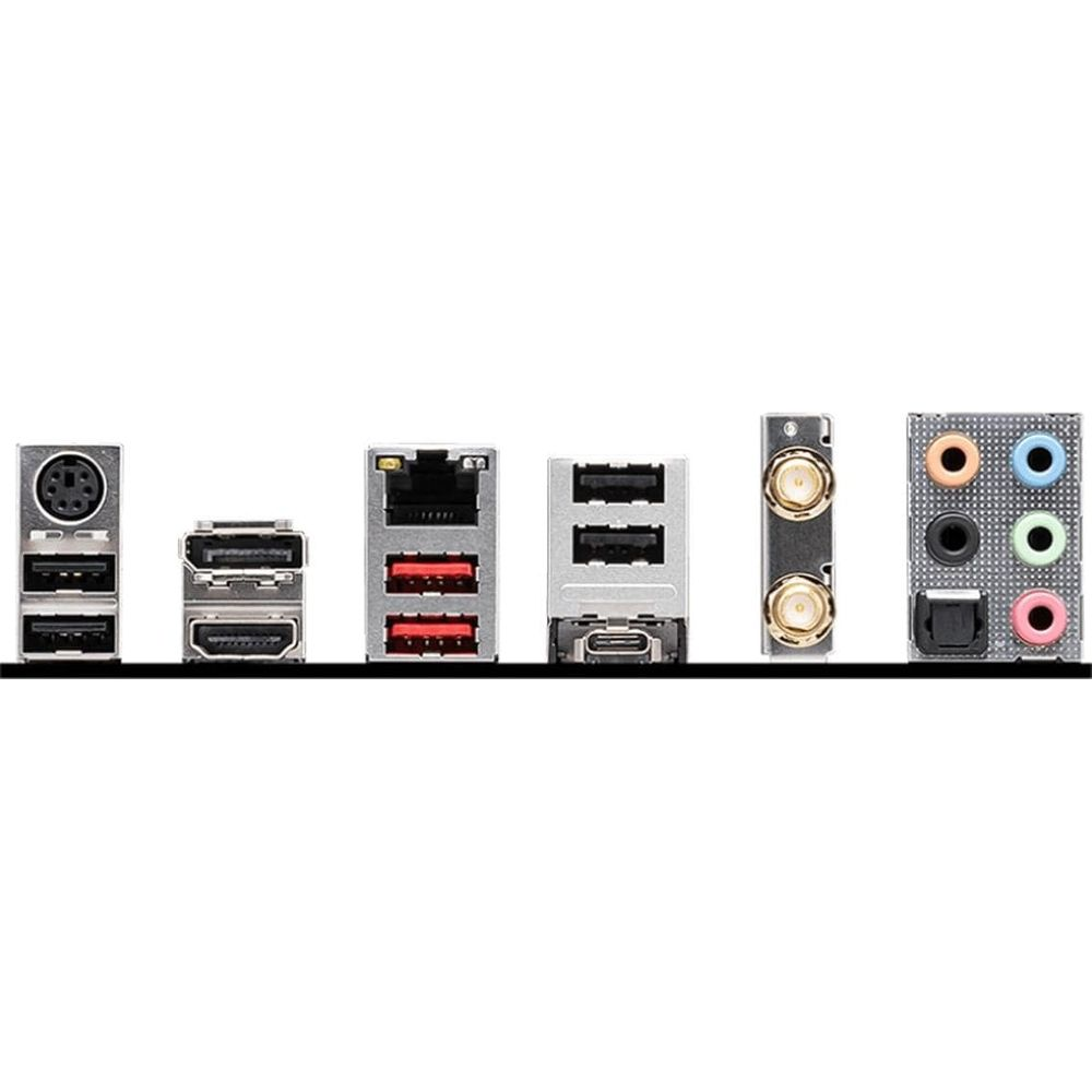 Porty płyty głównej komputera: PS/2, USB, HDMI, Ethernet, USB-C, Wi-Fi i audio.