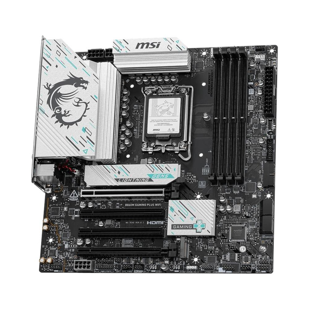 Płyta główna MSI B860M GAMING PLUS WIFI z gniazdem CPU, slotami RAM i radiatorami.