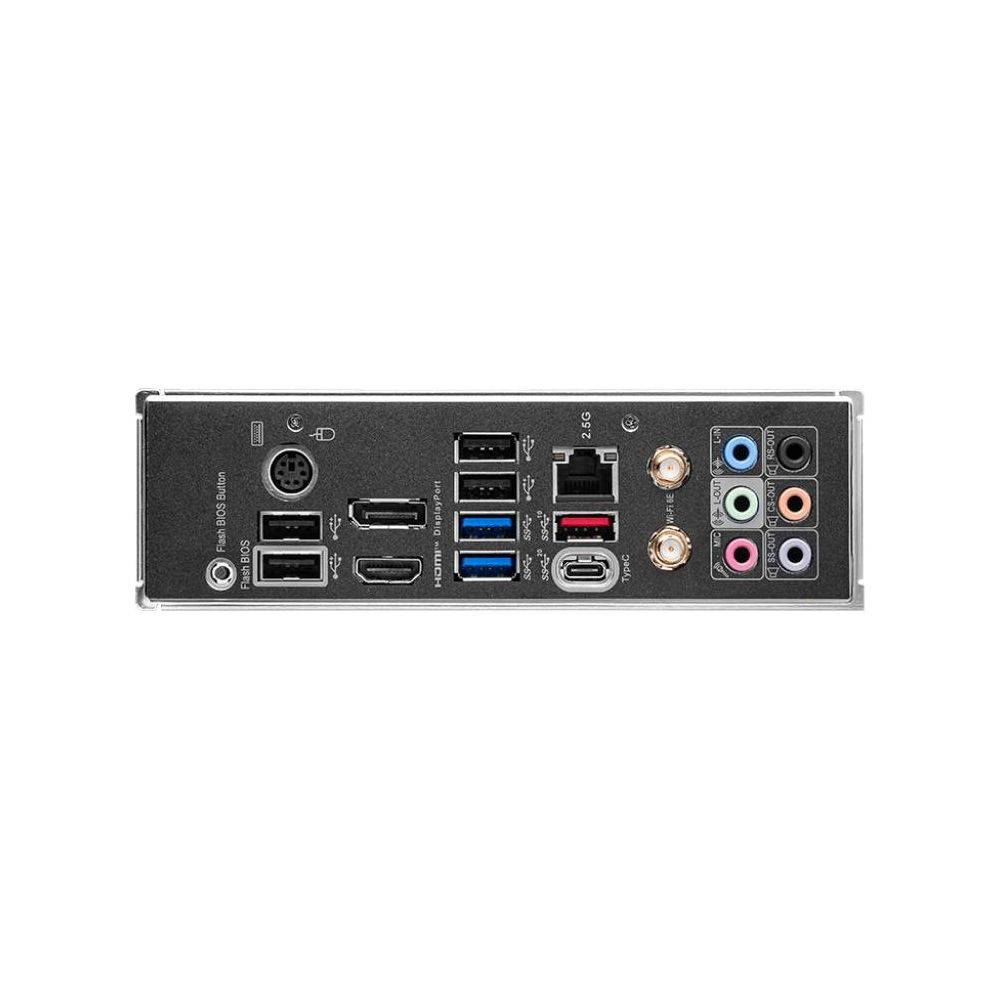 Tył płyty głównej z portami USB, HDMI, DisplayPort, Ethernet, audio i Type-C.