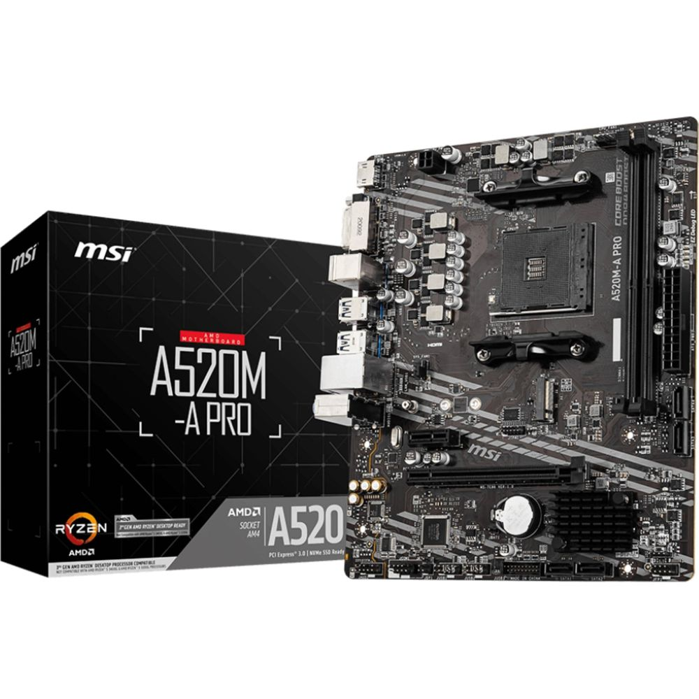 Płyta główna MSI A520M-A PRO i pudełko z logo Ryzen.
