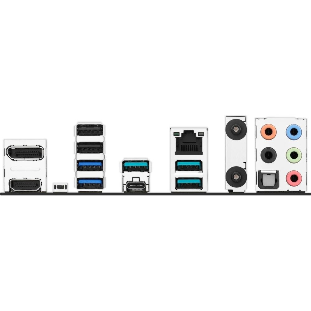 Tył płyty głównej z różnymi portami: USB, HDMI, Ethernet i gniazdami audio.