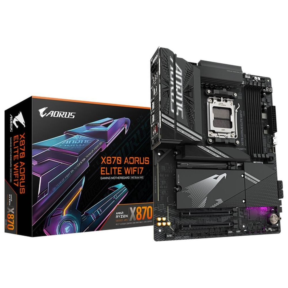 Płyta główna gamingowa Aorus X870 Elite WiFi i jej opakowanie.