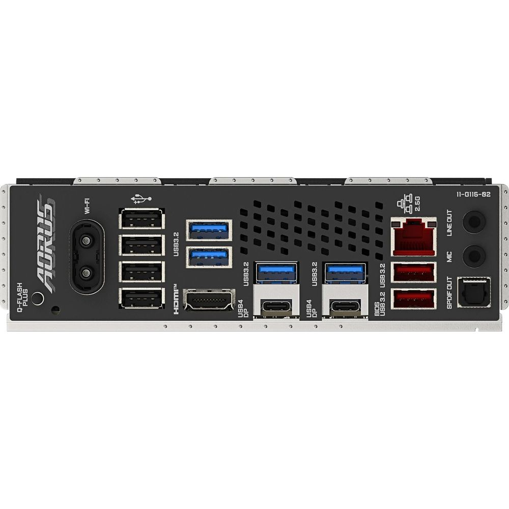 Tylny panel płyty głównej z wieloma portami: USB, HDMI, LAN, Audio, Wi-Fi.