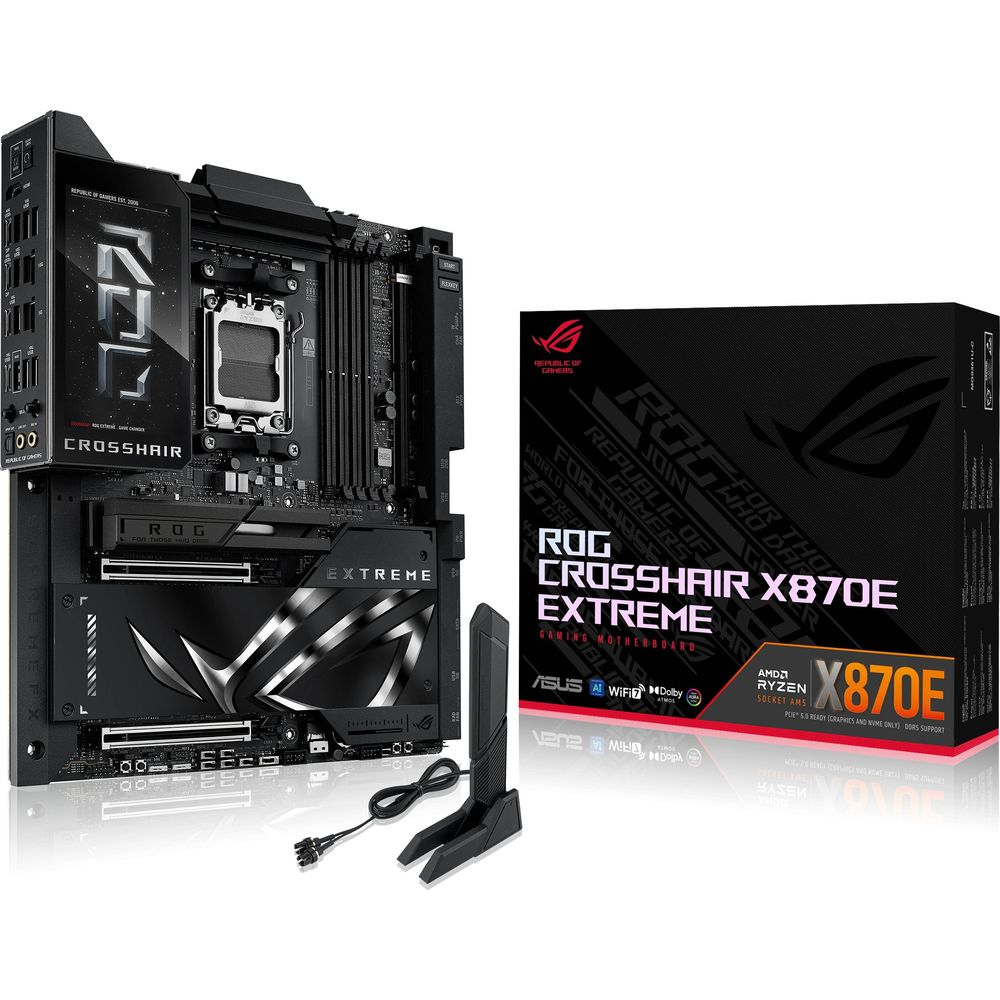 Czarna płyta główna i jej pudełko z napisem "ROG CROSSHAIR X870E EXTREME".