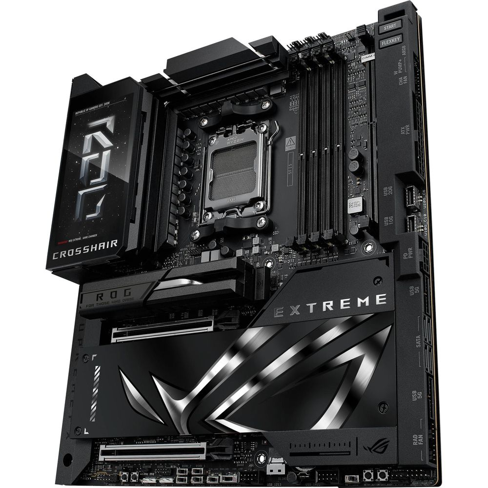 Czarna płyta główna z gniazdem CPU, slotami DIMM i logo ROG.