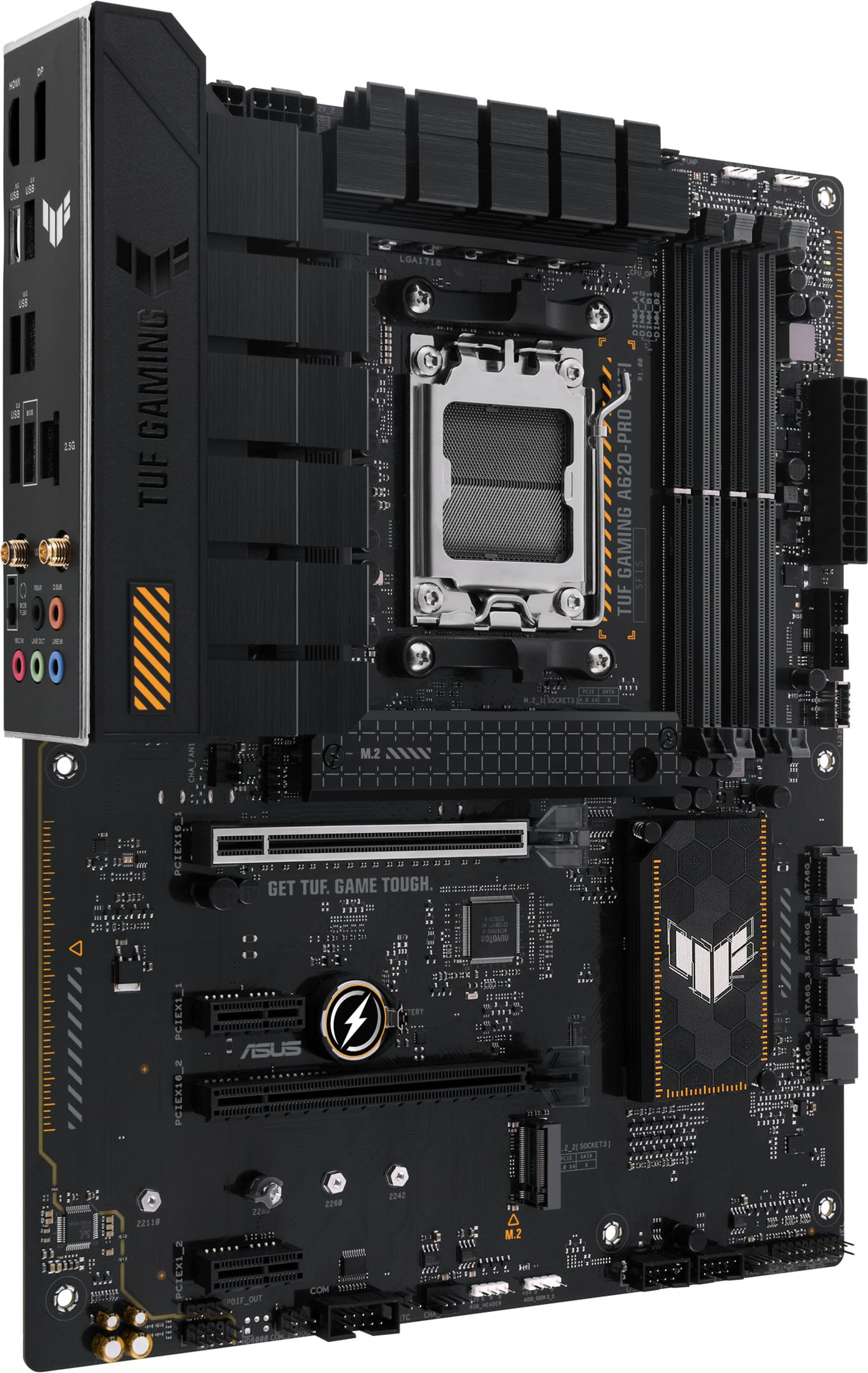 Une carte mère ASUS TUF Gaming noire avec socket CPU, emplacements RAM et ports.