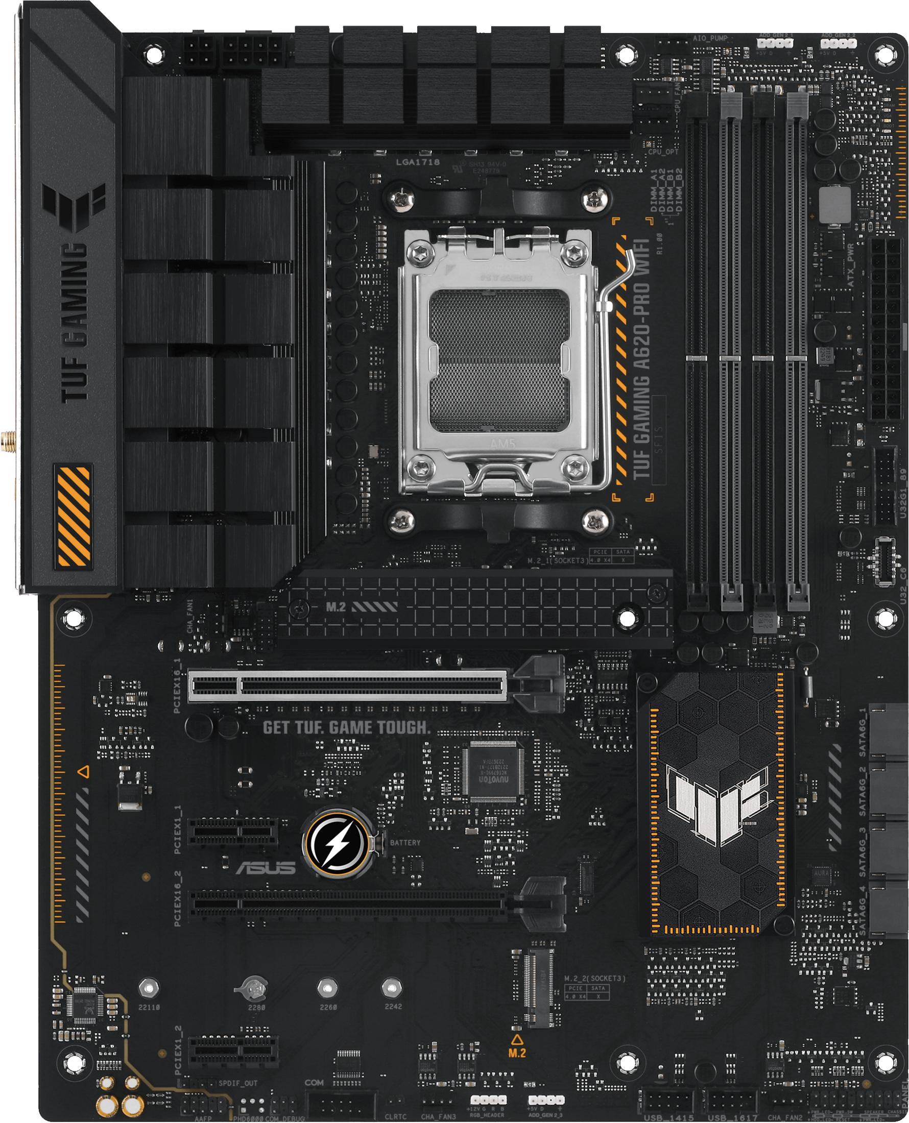 Une carte mère ASUS TUF GAMING A620-PRO WIFI noire avec socket CPU, emplacements RAM et ports.