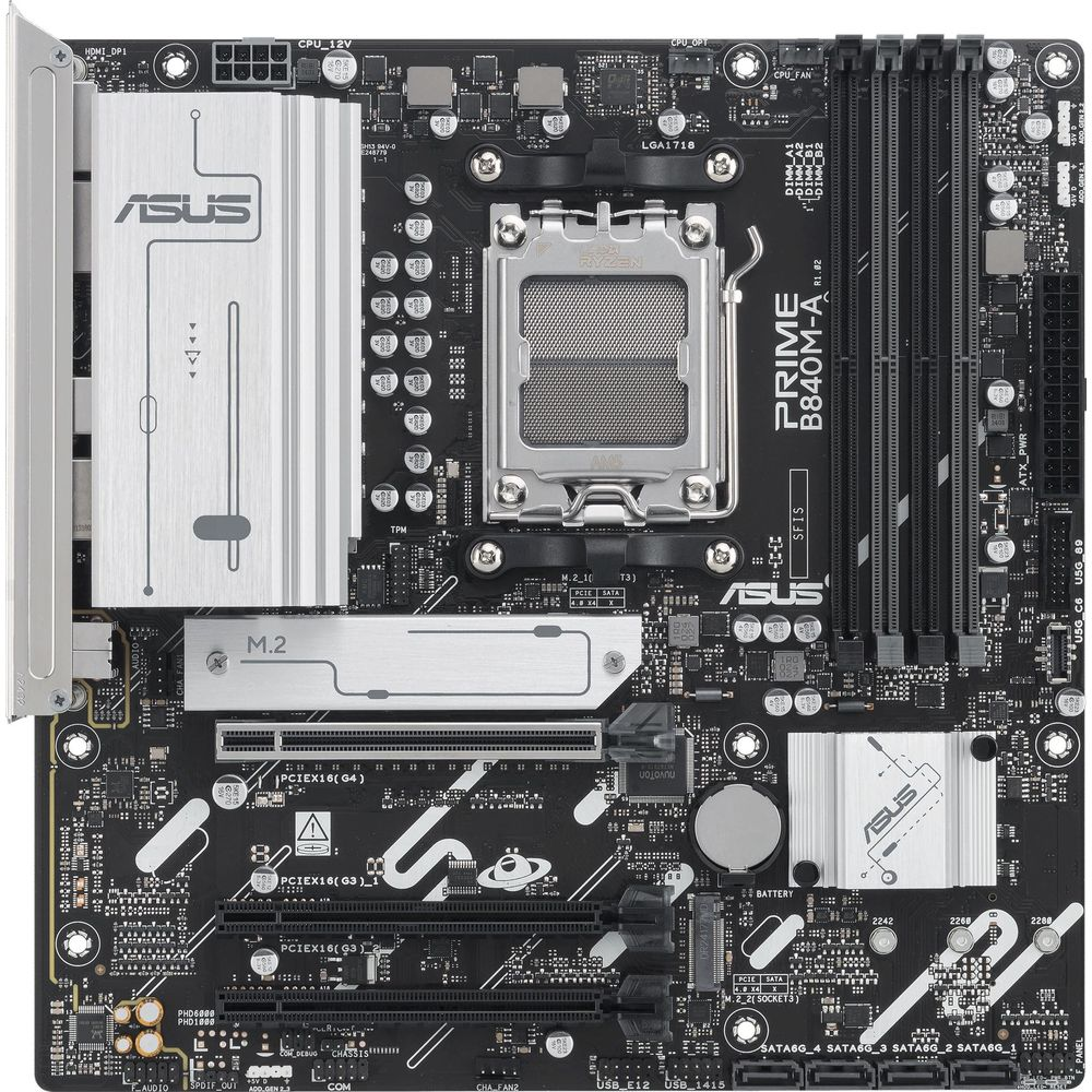 Płyta główna ASUS PRIME B840M-A z gniazdem CPU, slotami RAM i slotami PCIe.
