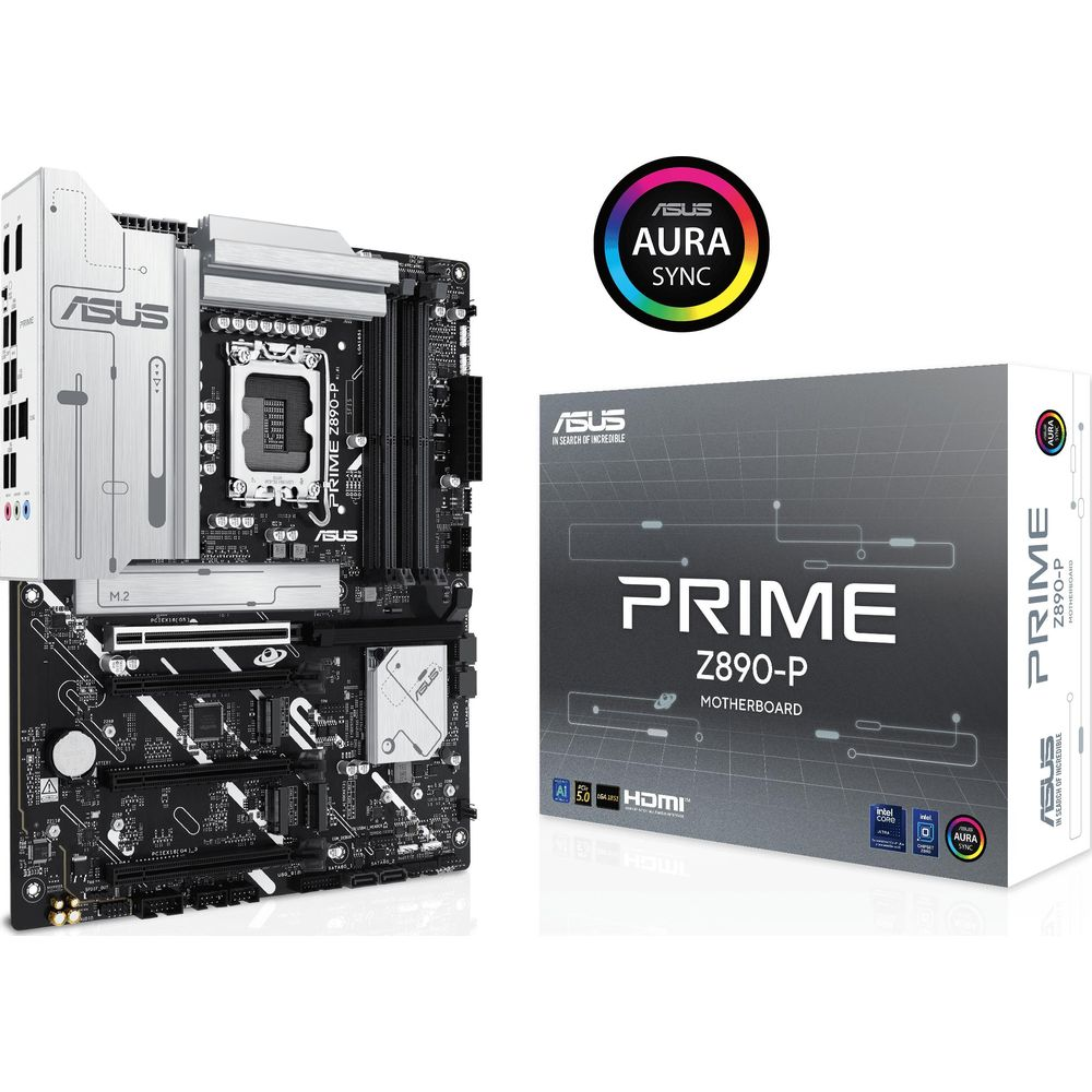Płyta główna ASUS Z890-P i pudełko z logo Aura Sync.